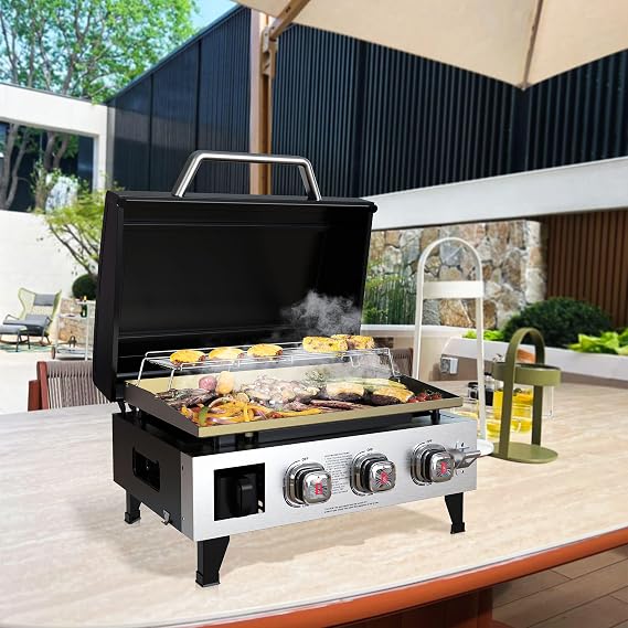 Brand-Man 3 Burner Versatile Propane Griddle 28,000BTU Portable Tabletop Griddle 504sq.in. Grill Area with Removable Standing Cart, Warming Rack, Handled Hood, Foldable Side Table for Camping Backyard