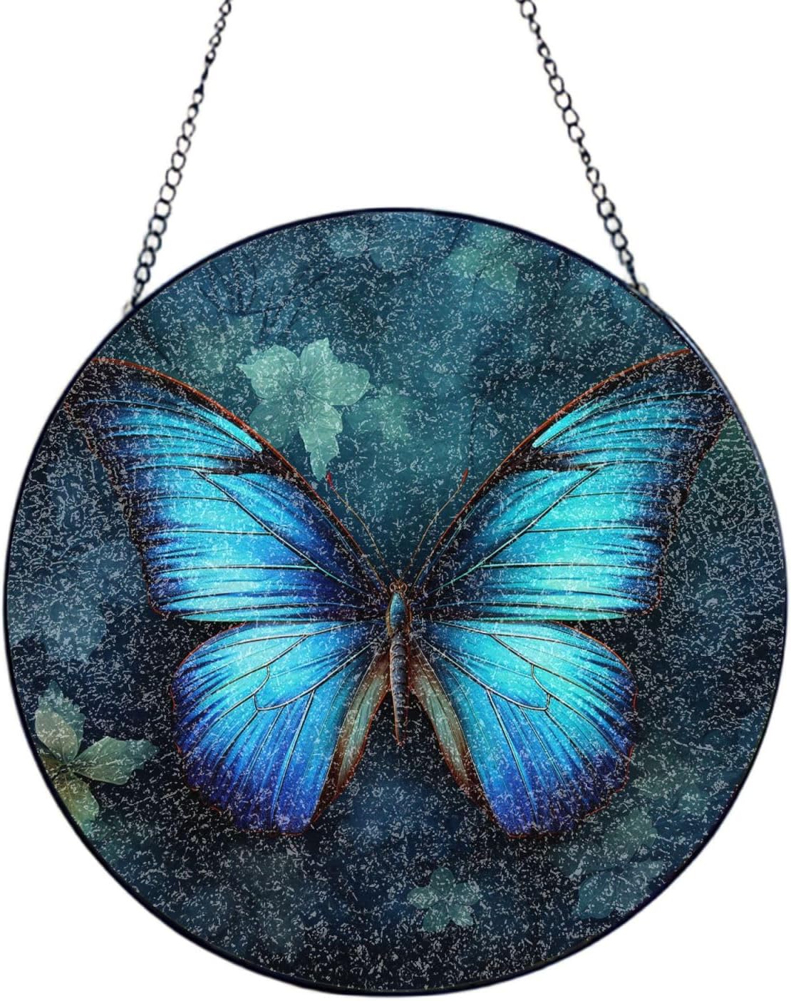 Stained Glass Window Hanging 6in（15cm）, Blue Butterfly Pattern Glass Suncatcher for Home Decor, Indoor Wall Art Glass Panel with Metal Chain and Hooks, Sun Catcher Ornament Birthday Gifts