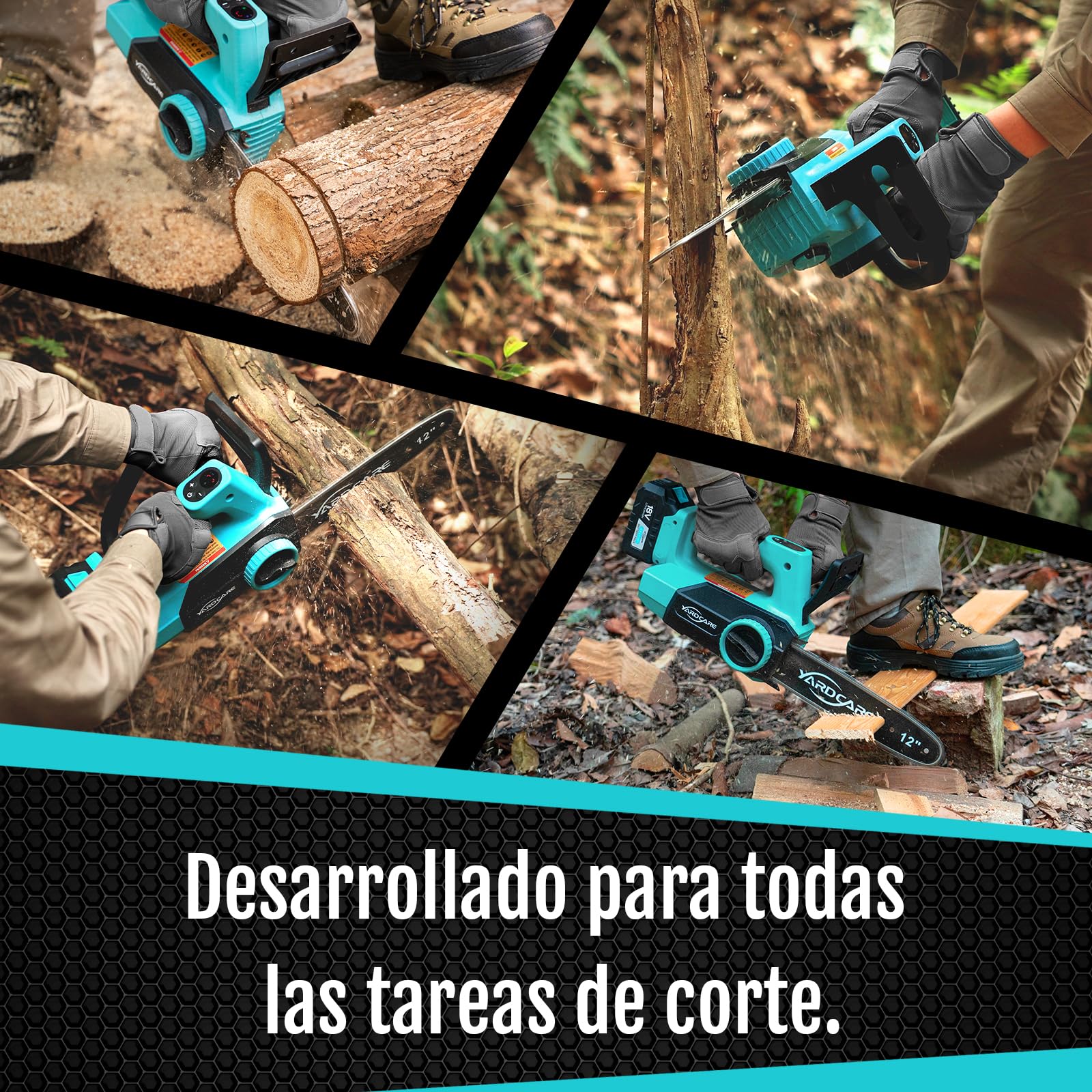 YARDCARE Motosierra a batería sin cable 12" con pantalla LED, motor brushless 1200 W, batería Li-Ion 4 Ah + cargador, tensión de cadena sin herramienta, lubricación automática, gancho de suspensión