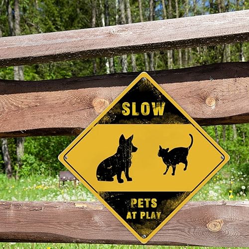 Miniatura 4 de Letrero de metal con texto en inglés Slow Pets at Play Area Xing Caution Crossing para gatos y perros, letrero de advertencia de metal para valla de