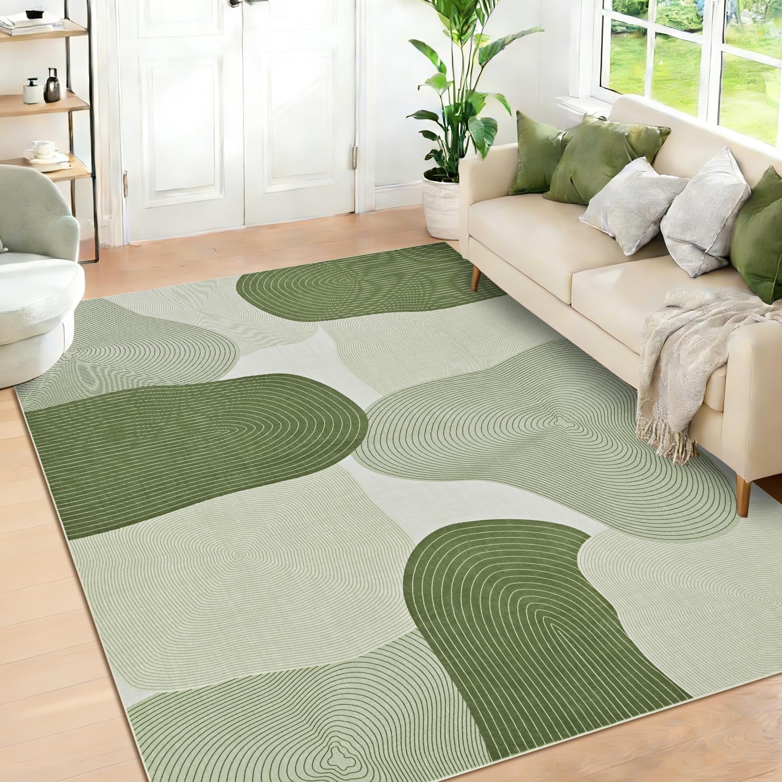 Alishomtll Rugs Living Room 80x150cm, Area Rugs for Bedroom, Soft Anti-Slip Washable Large Rug, Faux Wool Modern Geometric Lines Easy Clean Carpets Durable for Room Hotel Home Green