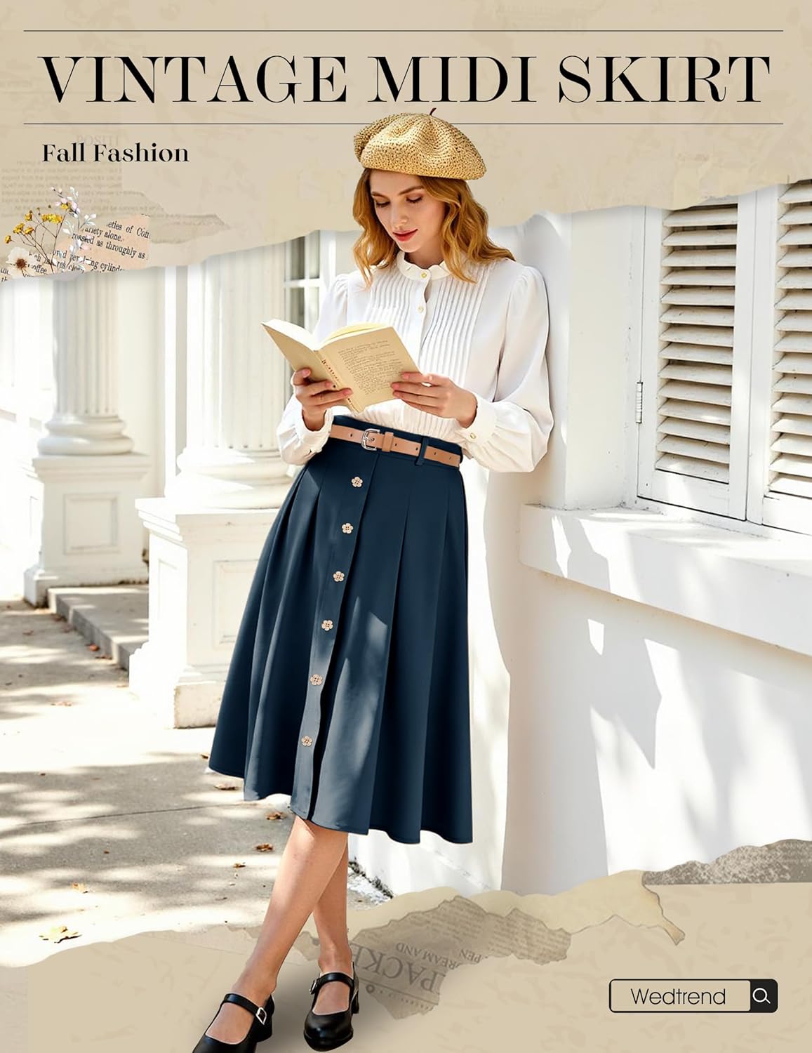 Wedtrend Vintage Skirts for Women Pleated Midi Skirt Button Down Work Skirts A Line Skirt with Belt&Pockets - Image 5