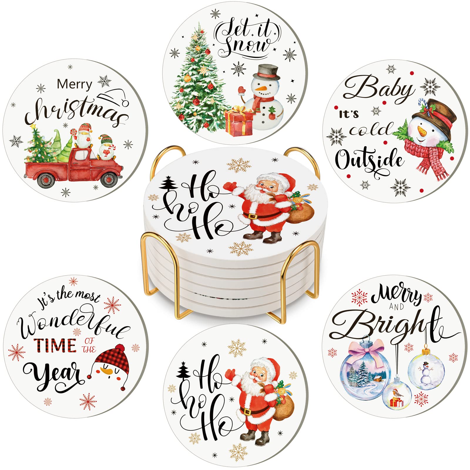 Cunhill 6 Pcs Valentine's Day Coasters Funny Bar Ceramic Drink Coasters Round Absorbent Coasters with Holder for Drinks Tabletop Protection Housewarming Birthday Mugs Cups Coffee Bar(Christmas)