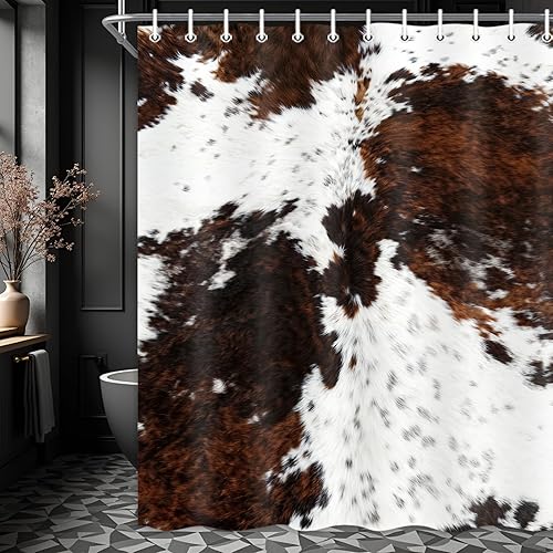 Miniatura 2 de JAWO Brown Cowhide Print Shower Curtain, Black White Cow Skin Print Bathtub Curtain, Western Farmhouse Animal Fur Bathroom Decor with Hooks, 36X72 in