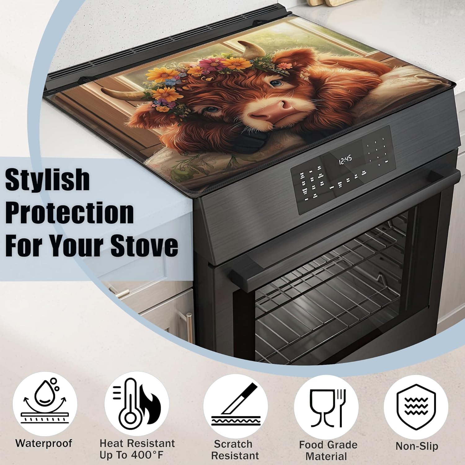 Cute Highland Cow Glass Top Stove Cover Protector,Rustic Flower Heat Resistant Stove Top Cover, Large Size Range Covers for Electric Stove Countertop Mat, 28 x 20 Inch
