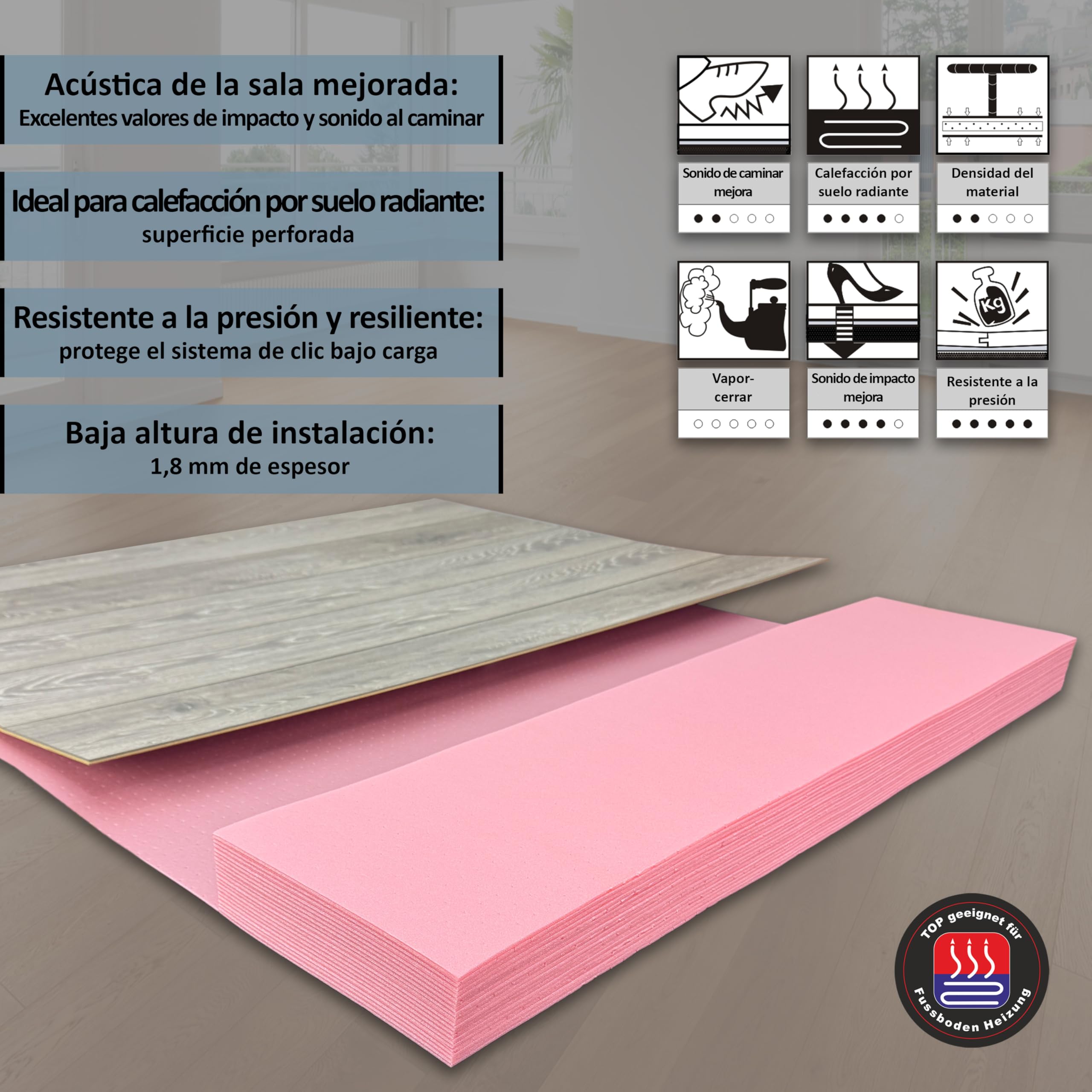 Base para laminado y parquet con aislamiento acústico de impactos para suelo radiante uficell XPS-Quick PLUS, grosor: 1,8 mm (3 paquete | 37,8 m²)
