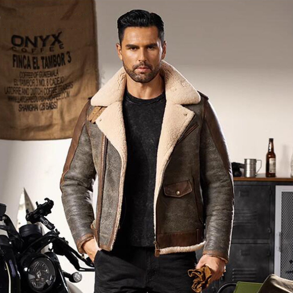 Denny&Dora Men's Shearling Jacket Diagonal Zipper Motorcycle