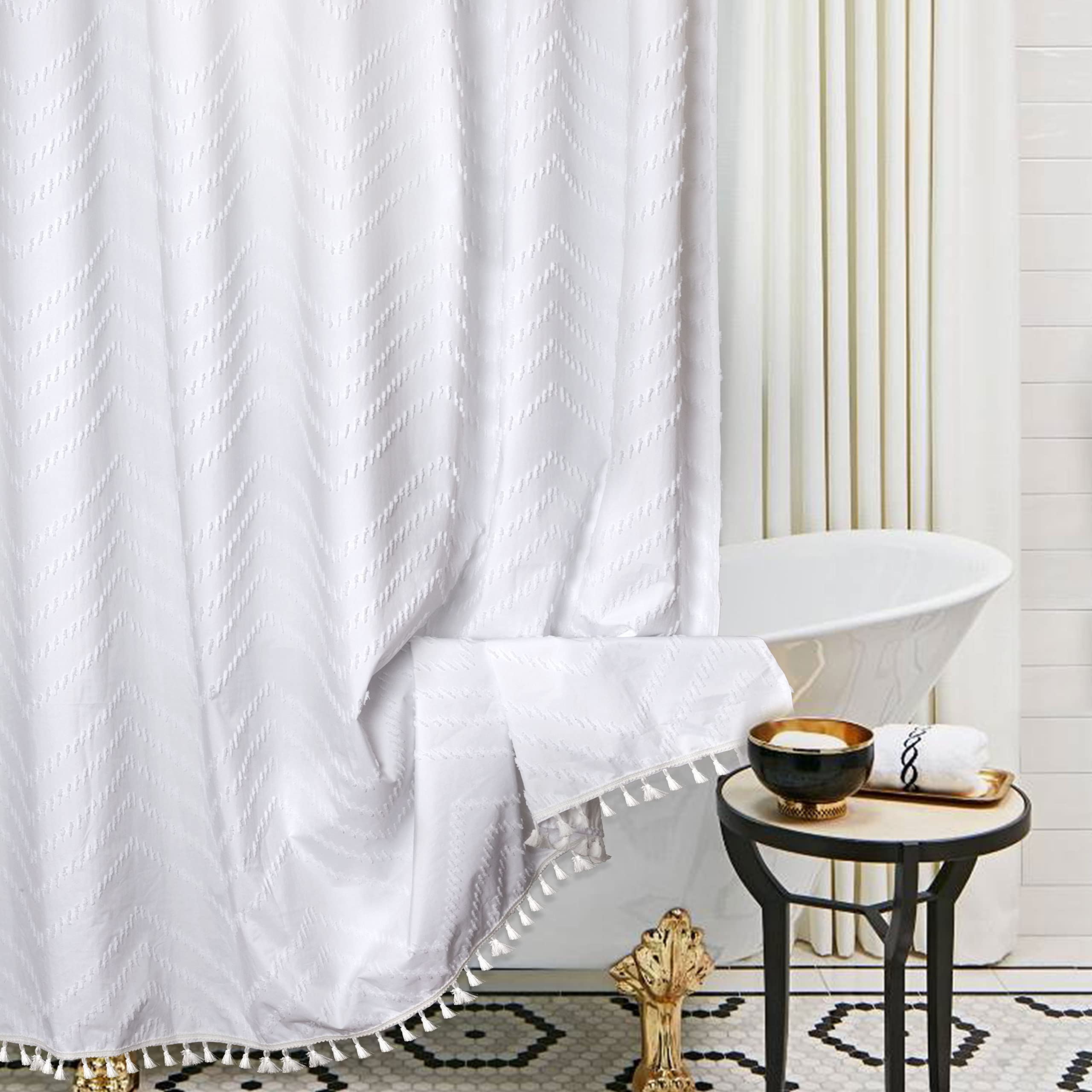 Boho Shower Curtain White Tassel Woven Fabric Shower Curtain 60 x 72 Modern Farmhouse Textured Tufted Chevron Striped Minimalist Bathroom Shower Curtain Set with Hooks