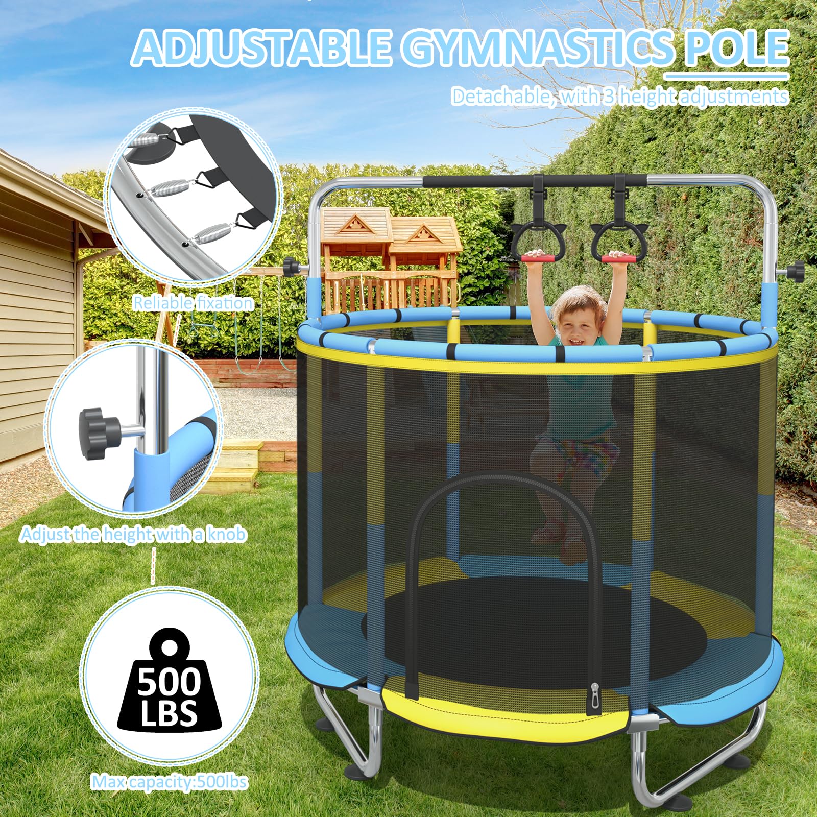 Trampolín para niños, 60 pulgadas para interiores y exteriores, con barra de gimnasia ajustable y aro de baloncesto, regalo de juguete para niños y niñas
