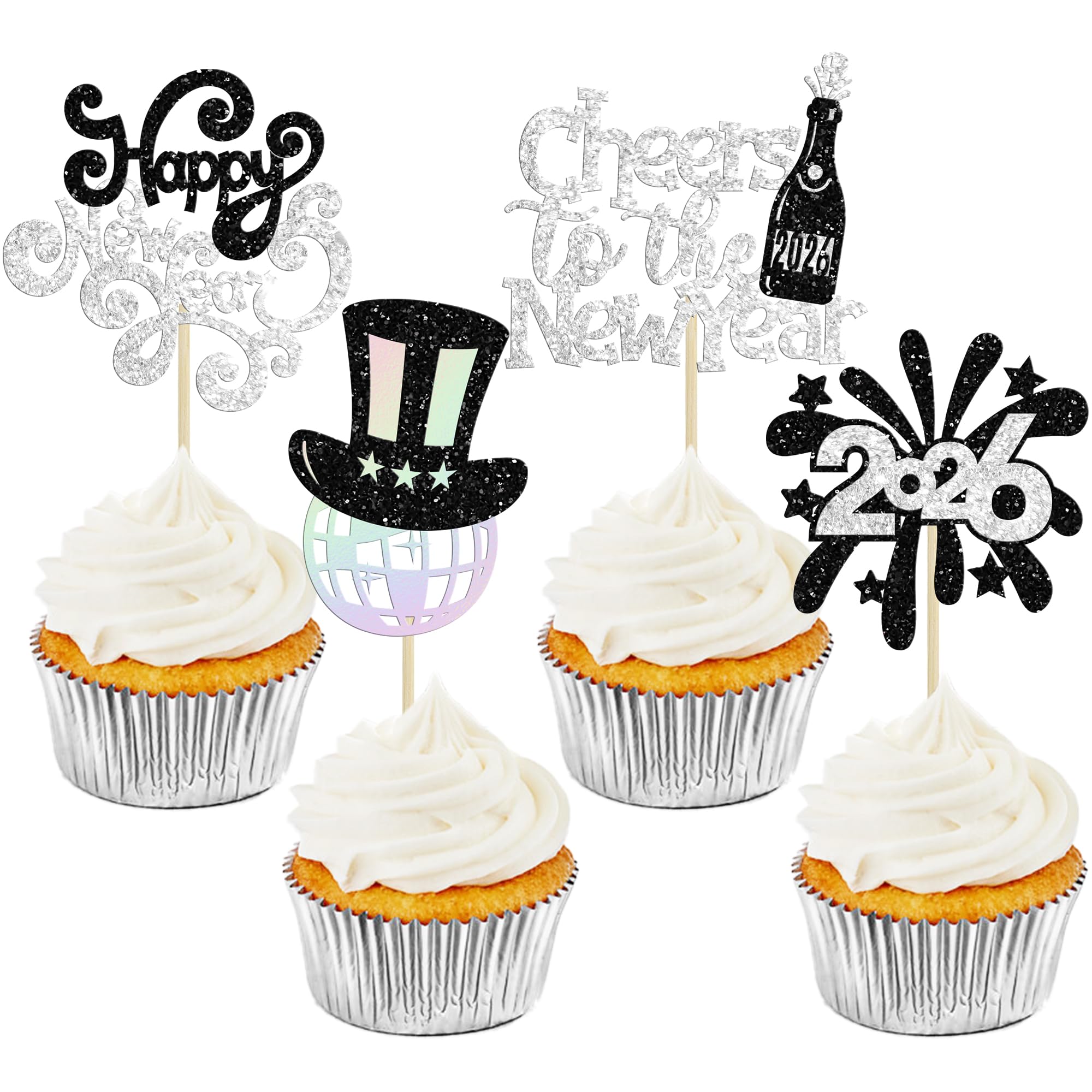 Ephlyn 24Pcs 2026 Happy New Year Cupcake Toppers Glitter Fireworks Cheers to 2026 Cupcake Picks for Welcome 2026 Happy New Year Theme Holiday Party Cake Decorations Supplies Laser Silver