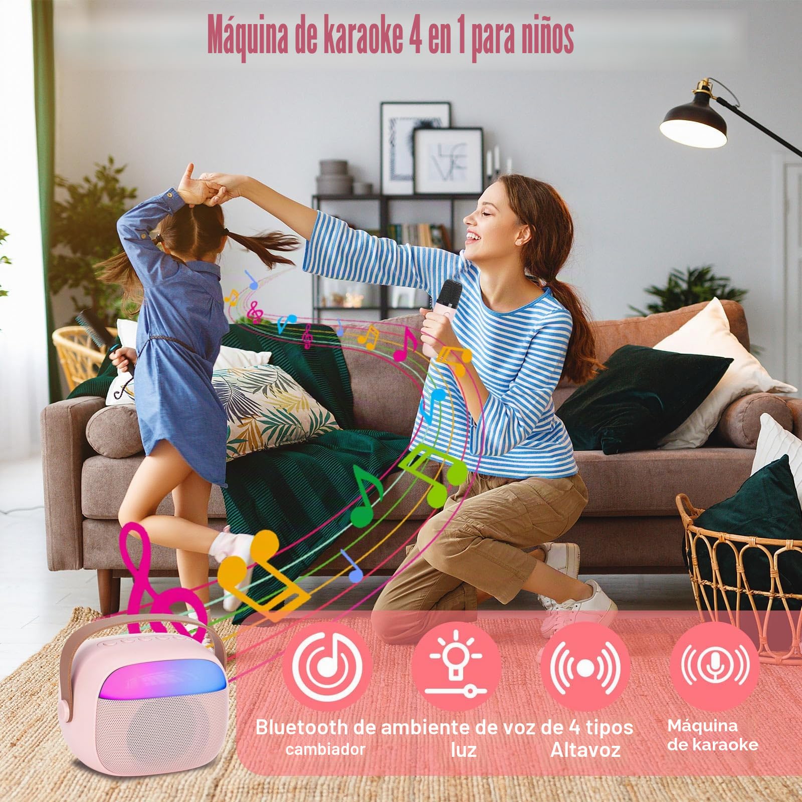 Karaoke 2 Micrófonos Inalambricos Juguetes Niña, Karaoke Infantil Microfono Altavoz Bluetooth para Adultos con LED, Adecuado para Regalos, Fiestas, Cumpleaños