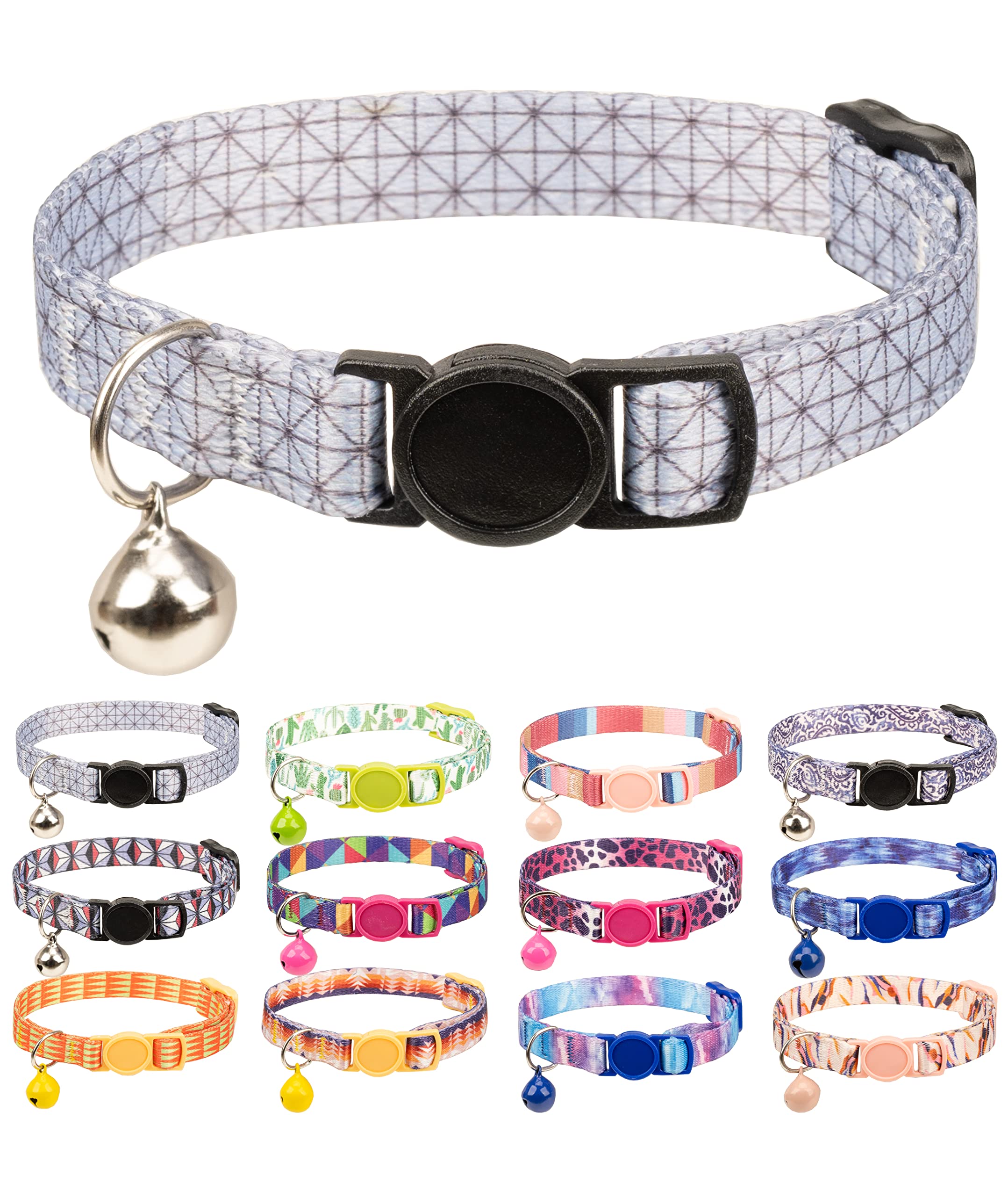 Cat Collar with Bell Safety Breakaway Kitten Color Plaid Leopard Geometric Ethnic Adjustable Grey 1