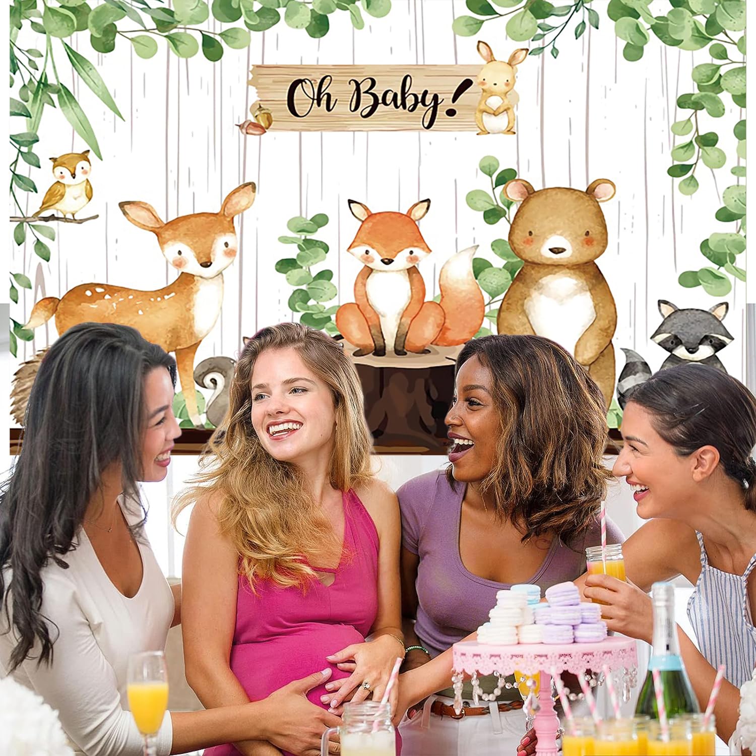 3x2m Telón de Fondo Baby Shower Oh Baby Woodland Safari Jungle Animal Tema Niño Niña Fotografía Fondo Baby Shower Género Reveal Cumpleaños Decoraciones Banner Photo Booth Props