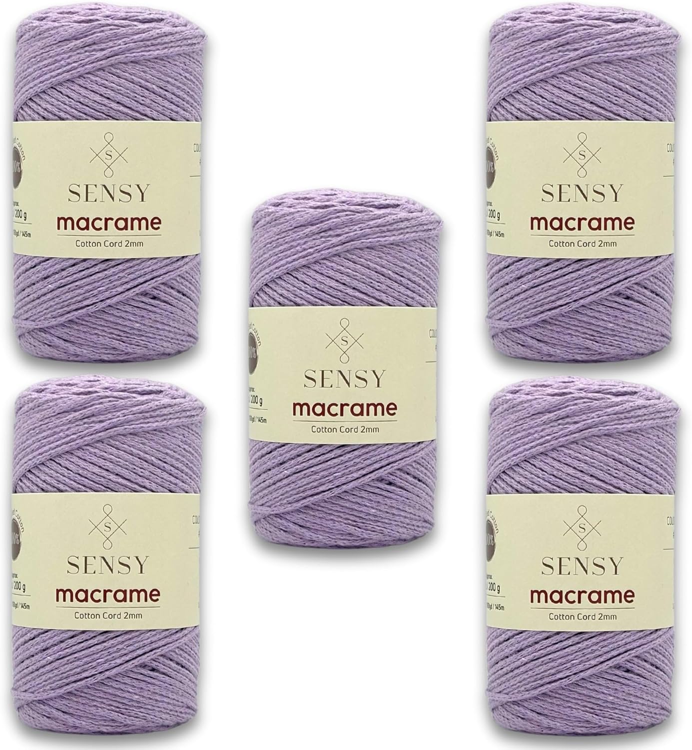 5 Skeins of Sensy Premium 2mm - 160 Yards 100% Recycled Cotton Macrame Cord Crochet Bag Cord Macrame Rope Crochet Thread (Lilac)