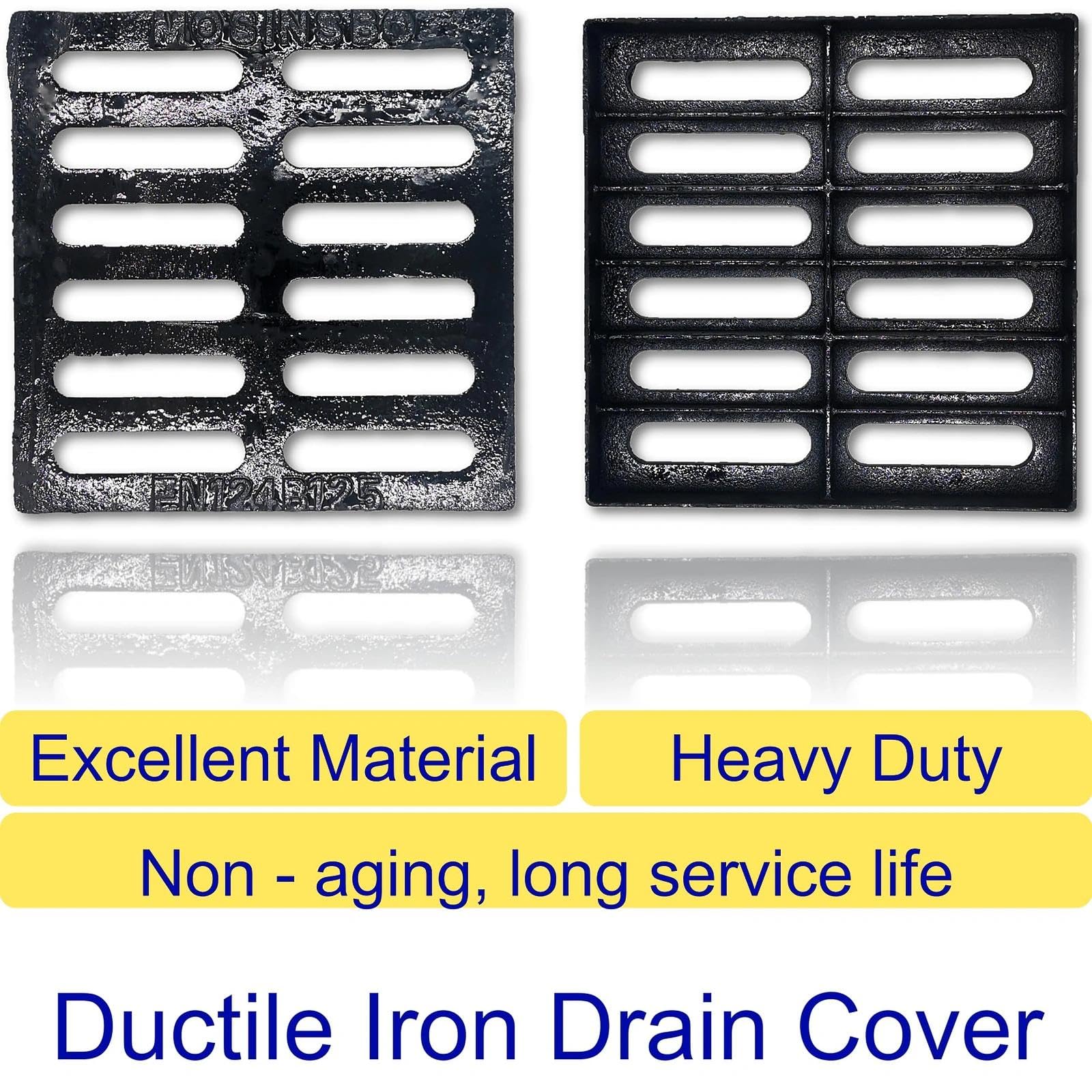 Fonte Ductile Grille de Drain 254x254 mm, Classe B125, Haute Résistance Grille de Caniveau pour Allée et Cour, Carré Grille d'Égout pour Extérieur, Noir