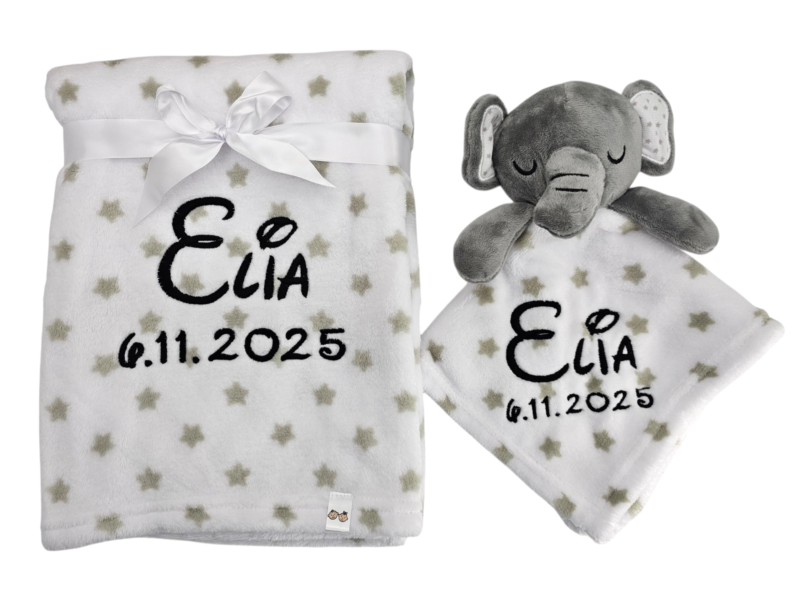 KIDDI-MEDIA Babydecke inklusive Trösterchen mit Name und Geburtsdatum Bestickt/kuschelig weich / 1A Qualität (Grau Elefant Sterne)