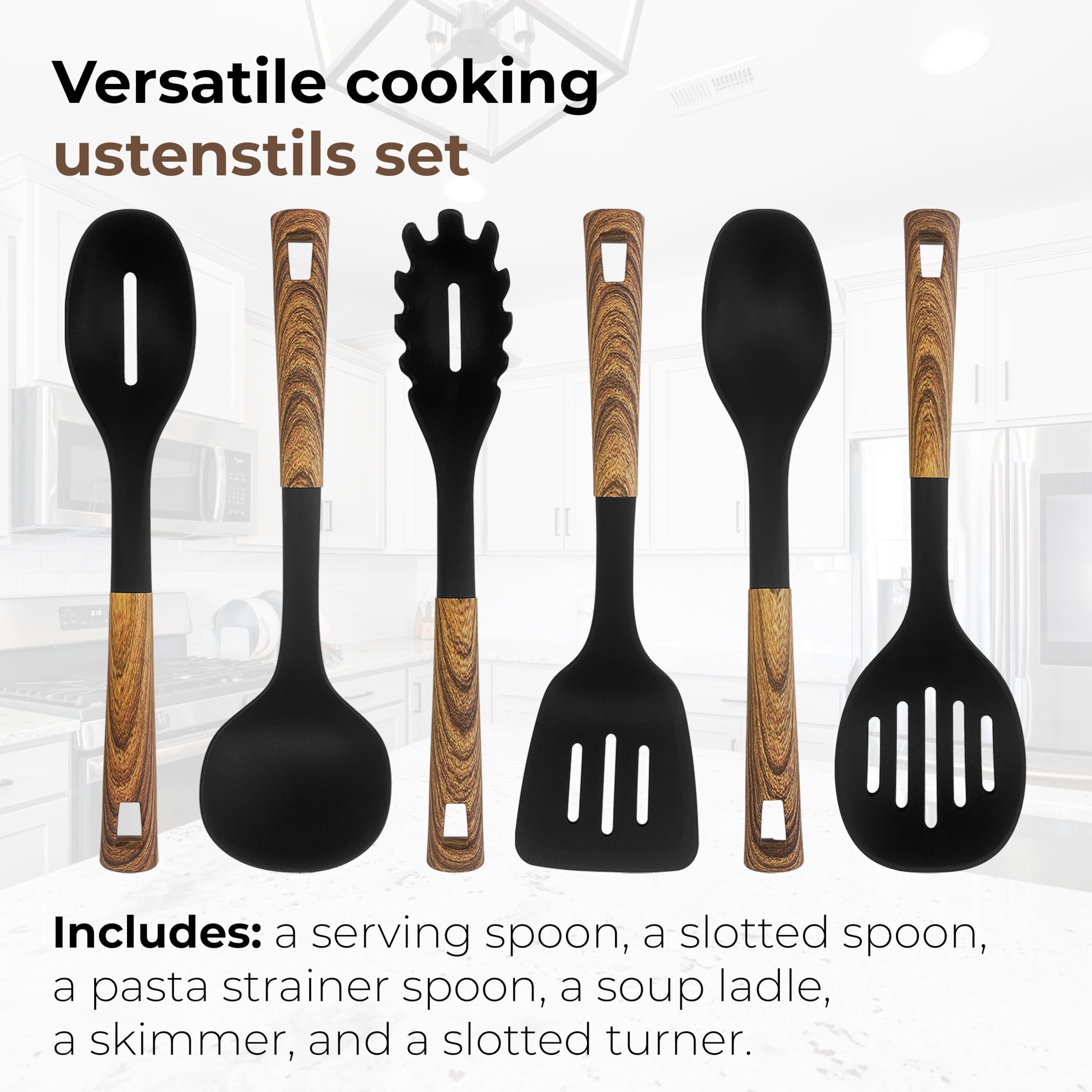JS Gourmet Juego de 6 utensilios de cocina, resistentes al calor, antiarañazos, juego de cucharas de cocina de nailon para utensilios de cocina antiadherentes, con asas ergonómicas y suaves al tacto
