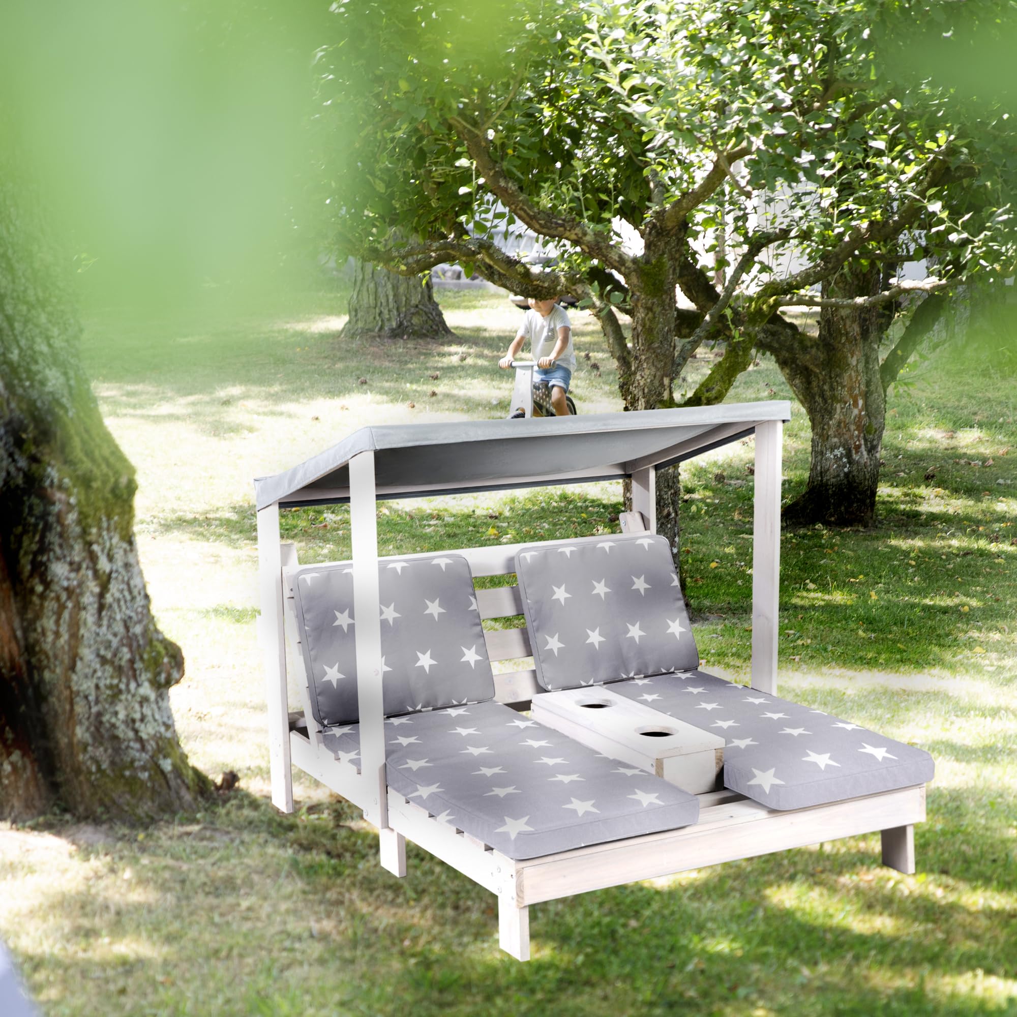 roba Double Chaise Longue pour Enfants avec Coussins Little Stars Déhoussables - Porte Gobelet et Pare-Soleil - Supporte Jusqu'à 100 kg - Bois Gris Résistant aux Intempéries