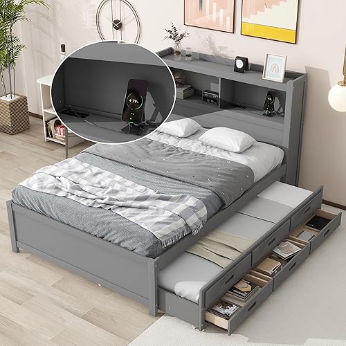 Polibi Cama de plataforma de tamaño individual con dos cajones de almacenamiento, plataforma de madera con cabecera y estribo, gris