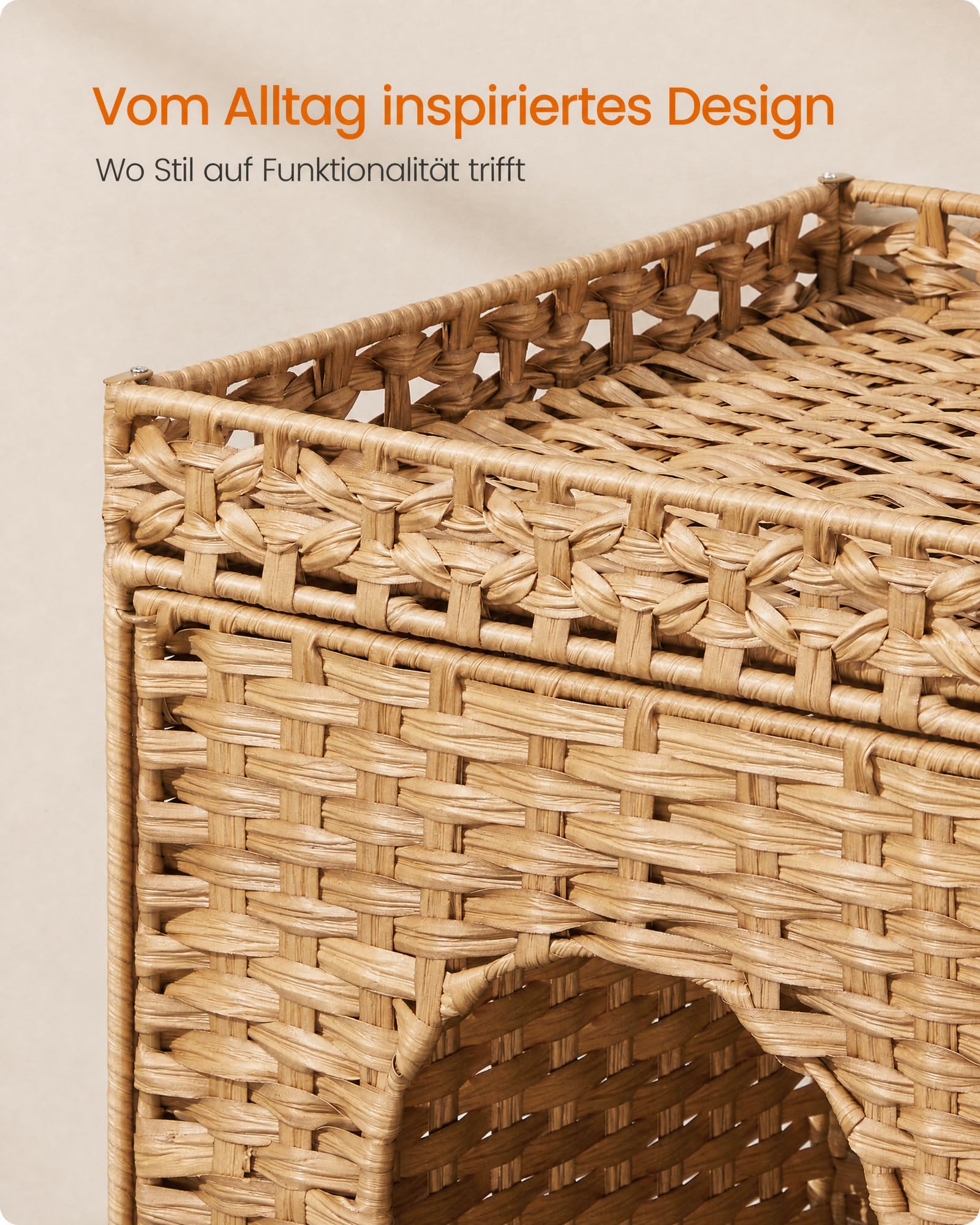 Feandrea Katzenschrank, Handgeflochtenes Katzenhaus, 52,5 x 52,5 x 56 cm | Beistelltisch mit Herausnehmbarem Tablett, in Rattan-Optik, Boho-Stil, Warmgelb, ELIOTT Kollektion PCL024YE01