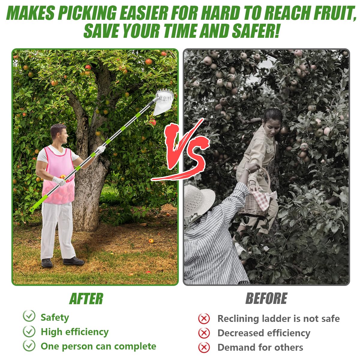 Raccogli Frutta Con Borsa per Grembiule – 2,8 m/9,2 ft Strumento Con Manico Telescopico, Asta Di Collegamento in Acciaio Inox E Sacchetto Di Immagazzinaggio, Picker per Apple Limone Cherry