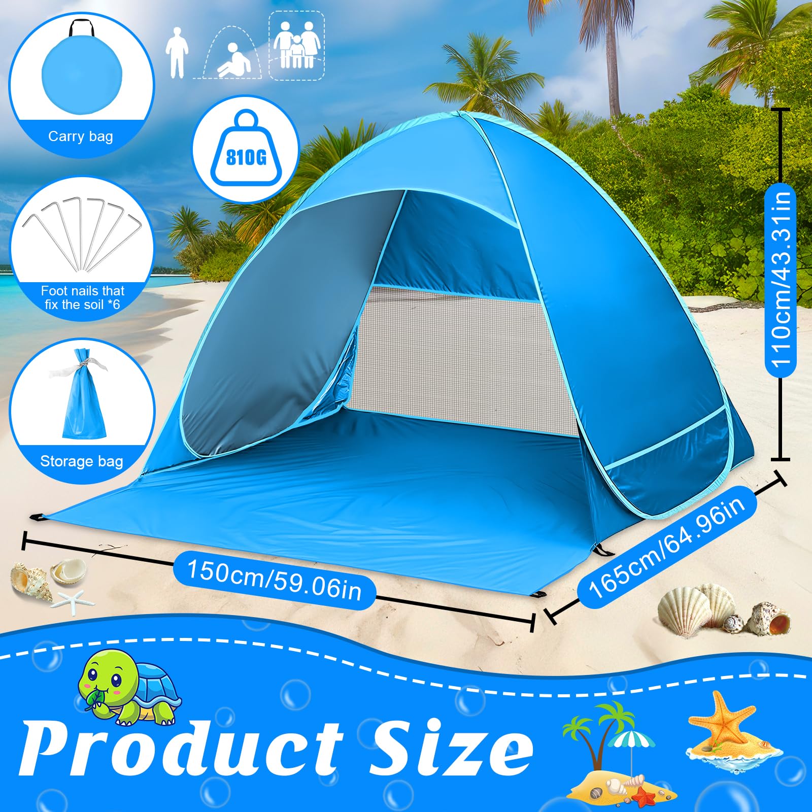 Tenda da spiaggia pop-up UV (UPF 50+), portatile per 2-4 persone, con borsa di trasporto e picchetti