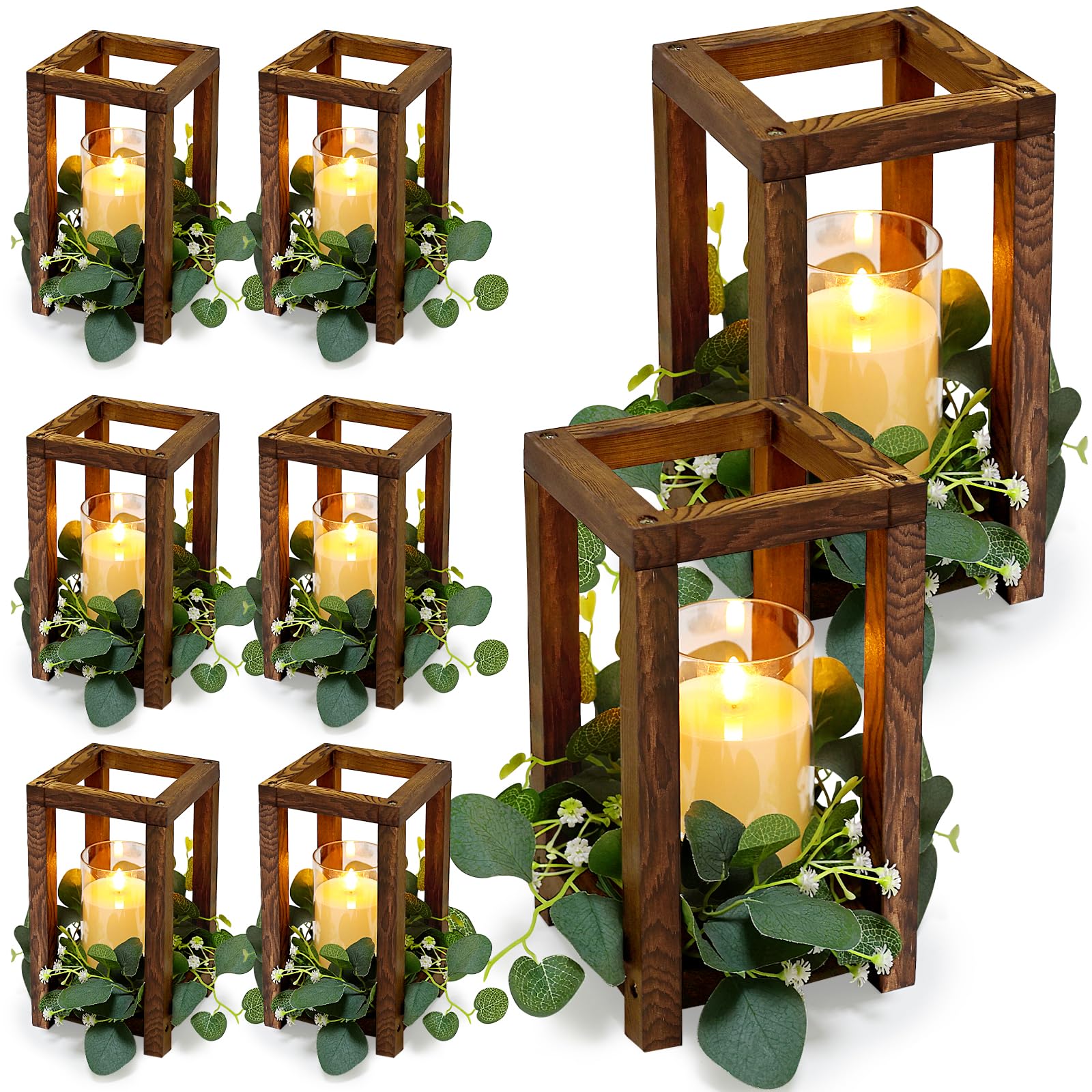 18 pcs wooden lantern centerpiece - wedding lantern with eucalyptus candles wreaths led flameless candles rustic for country wedding party farmhouse table decor