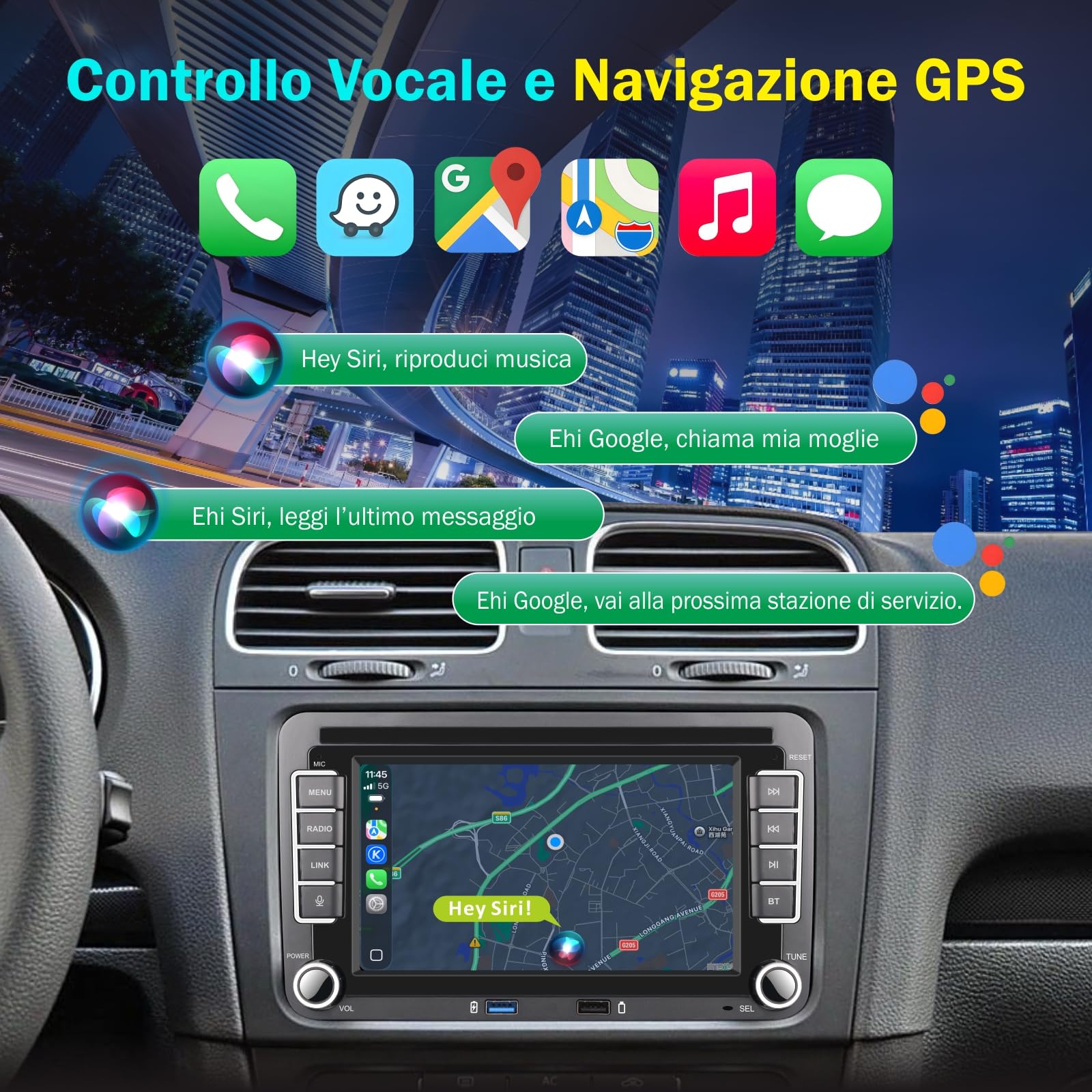 [Prestazioni Elevate] Autoradio Linux 7" IPS con Autoradio con CarPlay senza fili Android Auto, Bluetooth, FM/AM, USB, EQ – per VW Golf 5/6, Passat, Jetta, Caddy, Polo, CC, Tiguan, EOS, Touran, T5