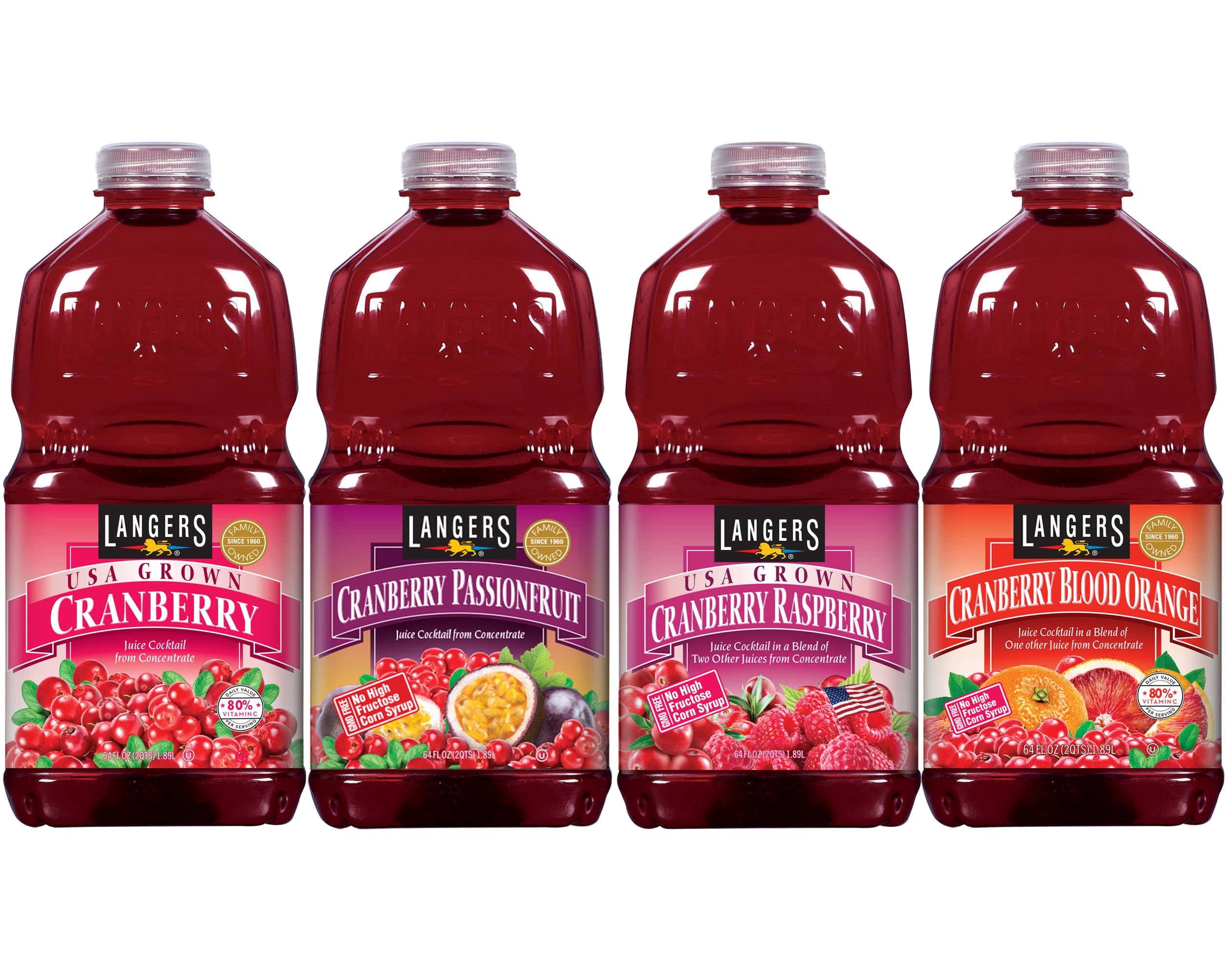 Langers Cranberry Variety Pack, Cranberry Cocktail, Raspberry, Passionfruit, Blood Orange, 64 fl oz (Pack of 4)