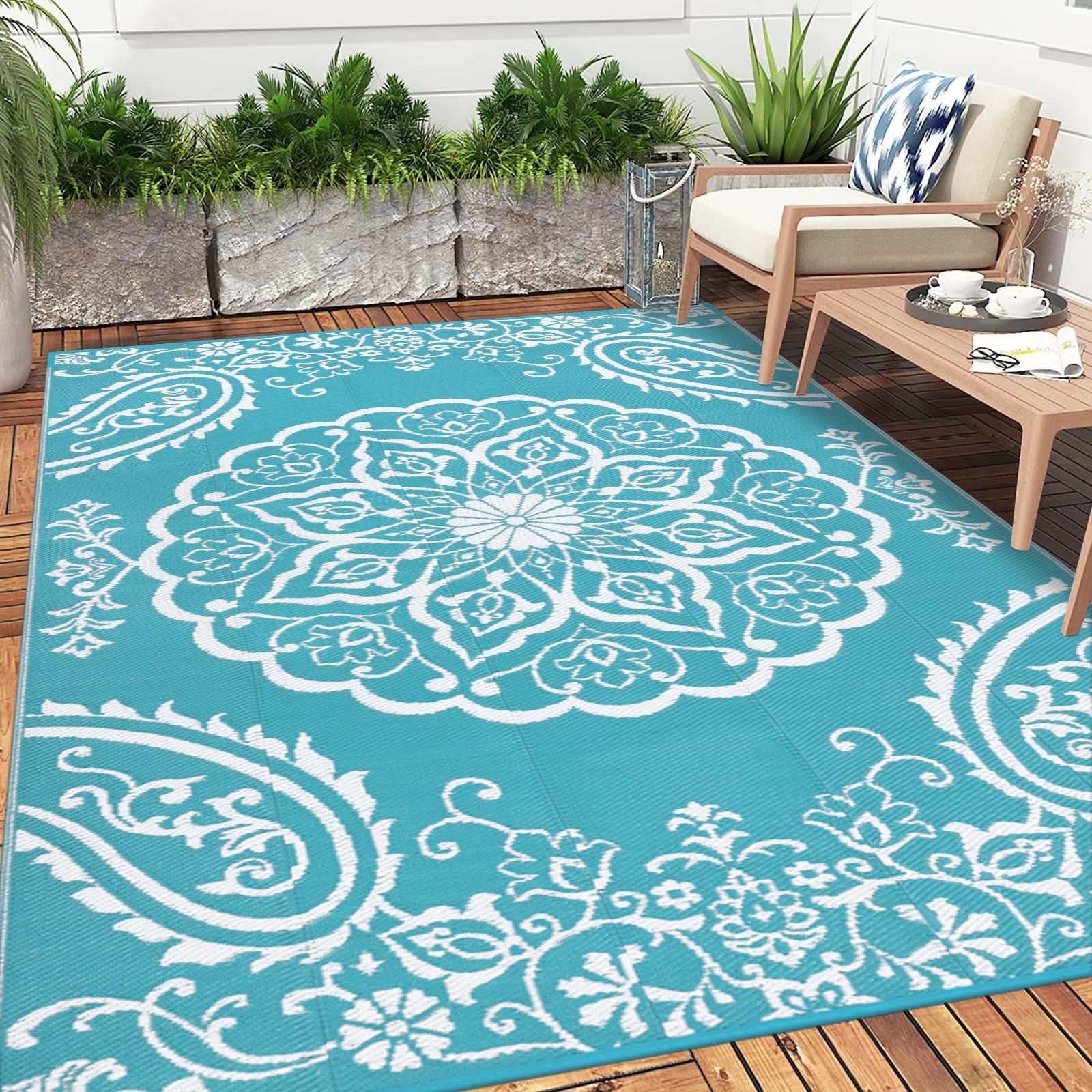 Pauwer Tappeto impermeabile per esterni, 1,5 x 20 m, reversibile, in plastica, per esterni, patio, campeggio, camper, picnic, cortile, terrazza, balcone, portico