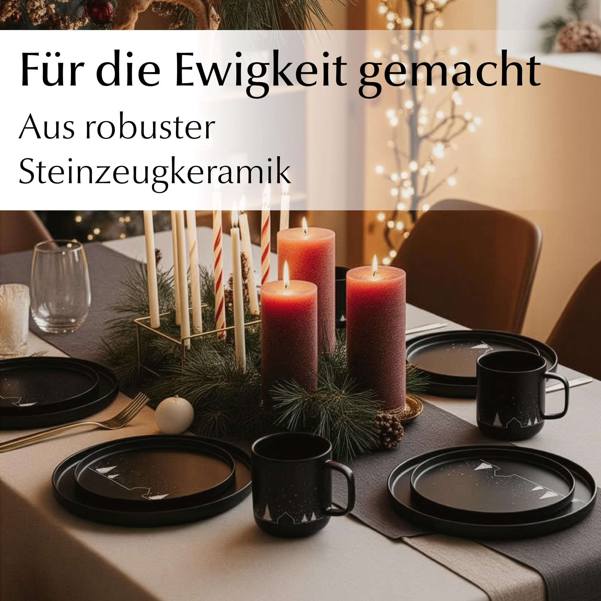 MIAMIO - Geschirrset/Tafelservice, Weihnachtsgeschirr (12-Teilig) - Vinter | Keramik Geschirrset mit Tellern und Tassen, Tafelservice Weihnachten, Geschirr Weihnachten, Geschenk Set - spülmaschinenfest