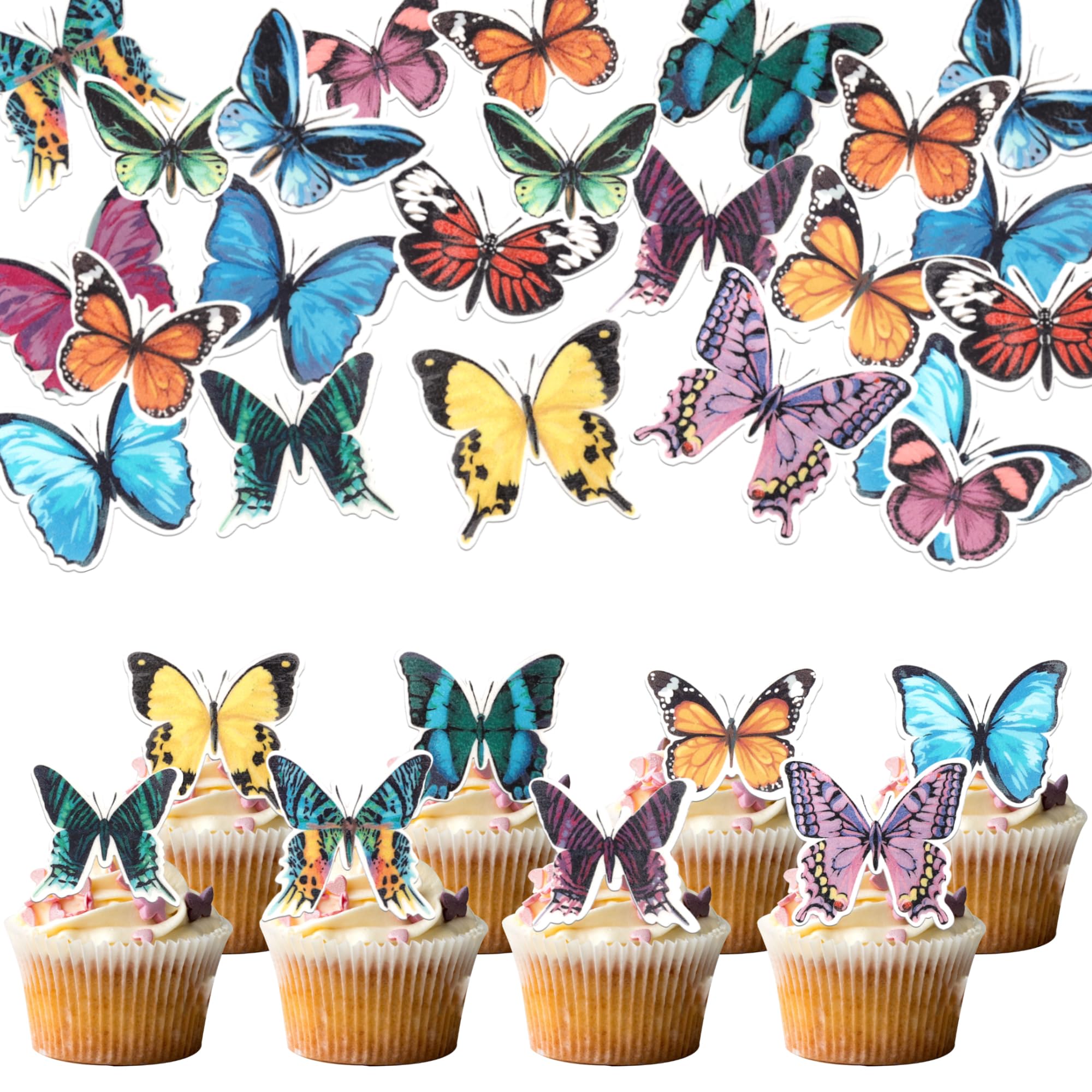 60 PCS Edible Butterfly Cupcake Toppers Wafer Paper Butterflies Cupcake Picks Butterfly Birthday Decorations for Edible Butterflies Theme Birthday Wedding Party Cake Decoration Supplies Colorful