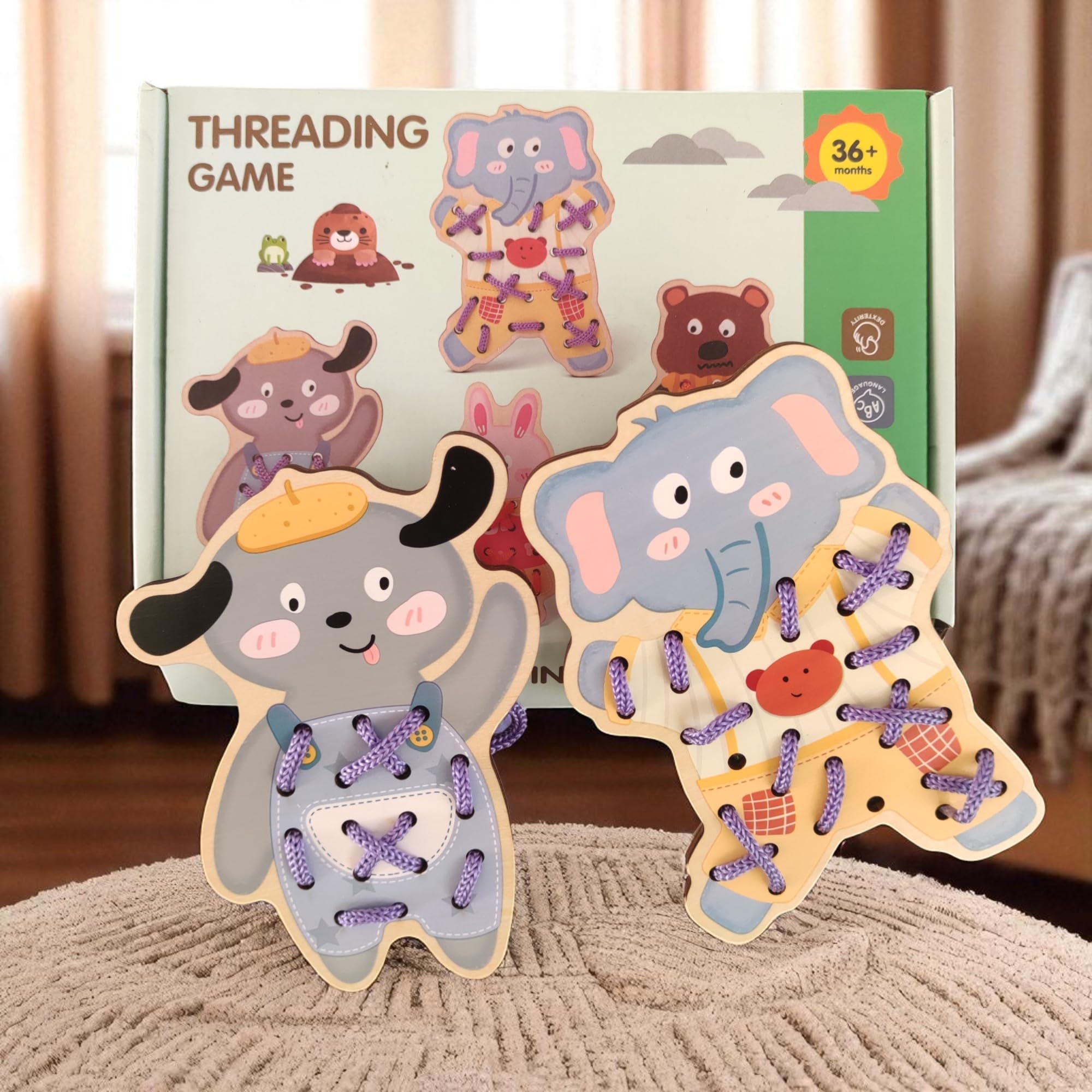 Wooden Animal Lacing Toys for Kids, Educational Threading Game Set with Dog, Bunny, Elephant and Bear, Fine Motor Skills Development
