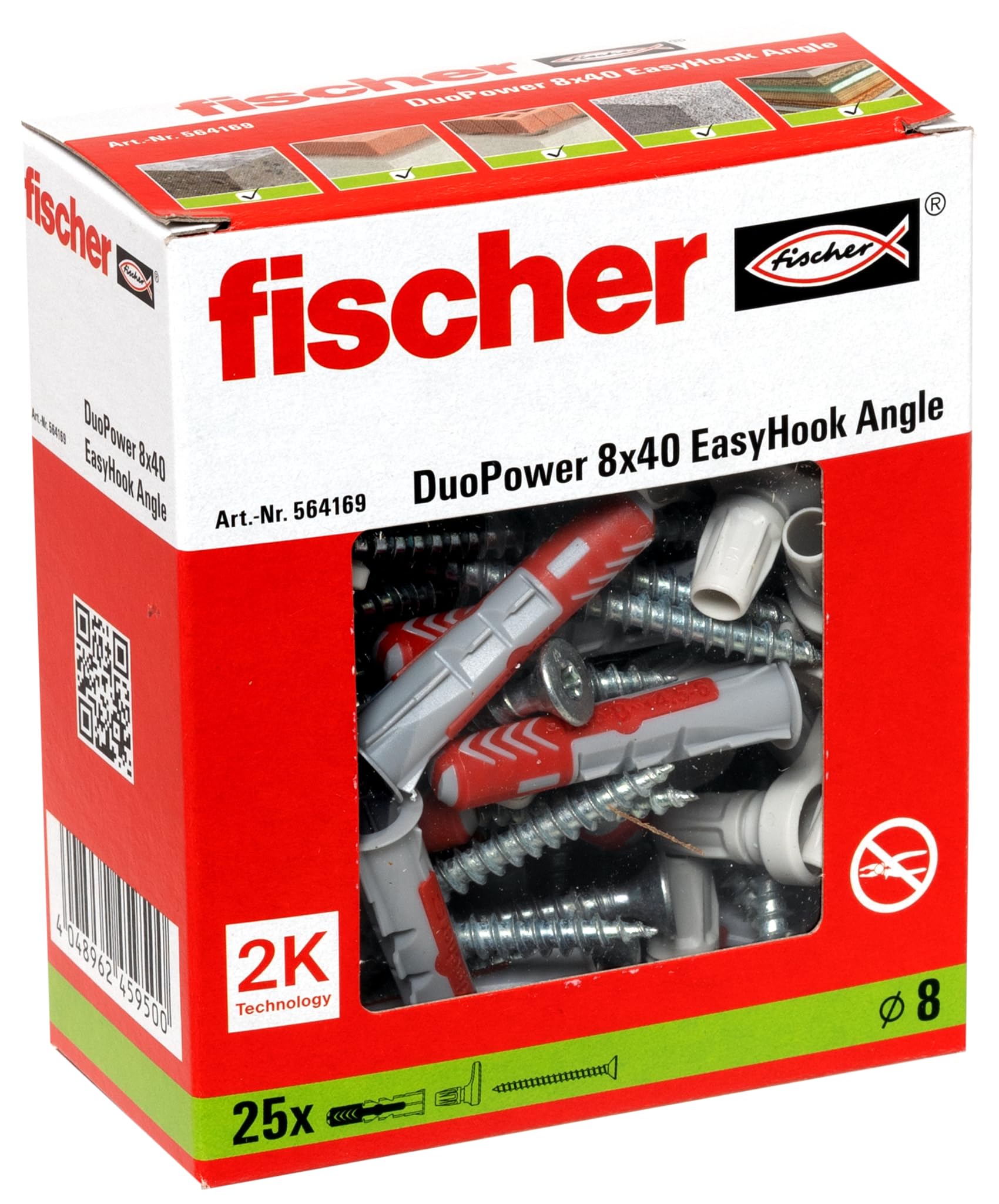 fischer 564169 Angle, Set of 25 Angle Hook Screws and DuoPower 8 x 40 Dowels, Chipboard Screws with Hooks, Flexible Screw Hooks for Mounting in Numerous Building Materials EasyHook, White
