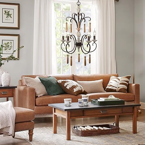 Miniatura 5 de Candelabro de campo francés, lámpara de madera rústica con brazo de flor, 5 luces hechas a mano, color blanco envejecido, lámpara de araña para