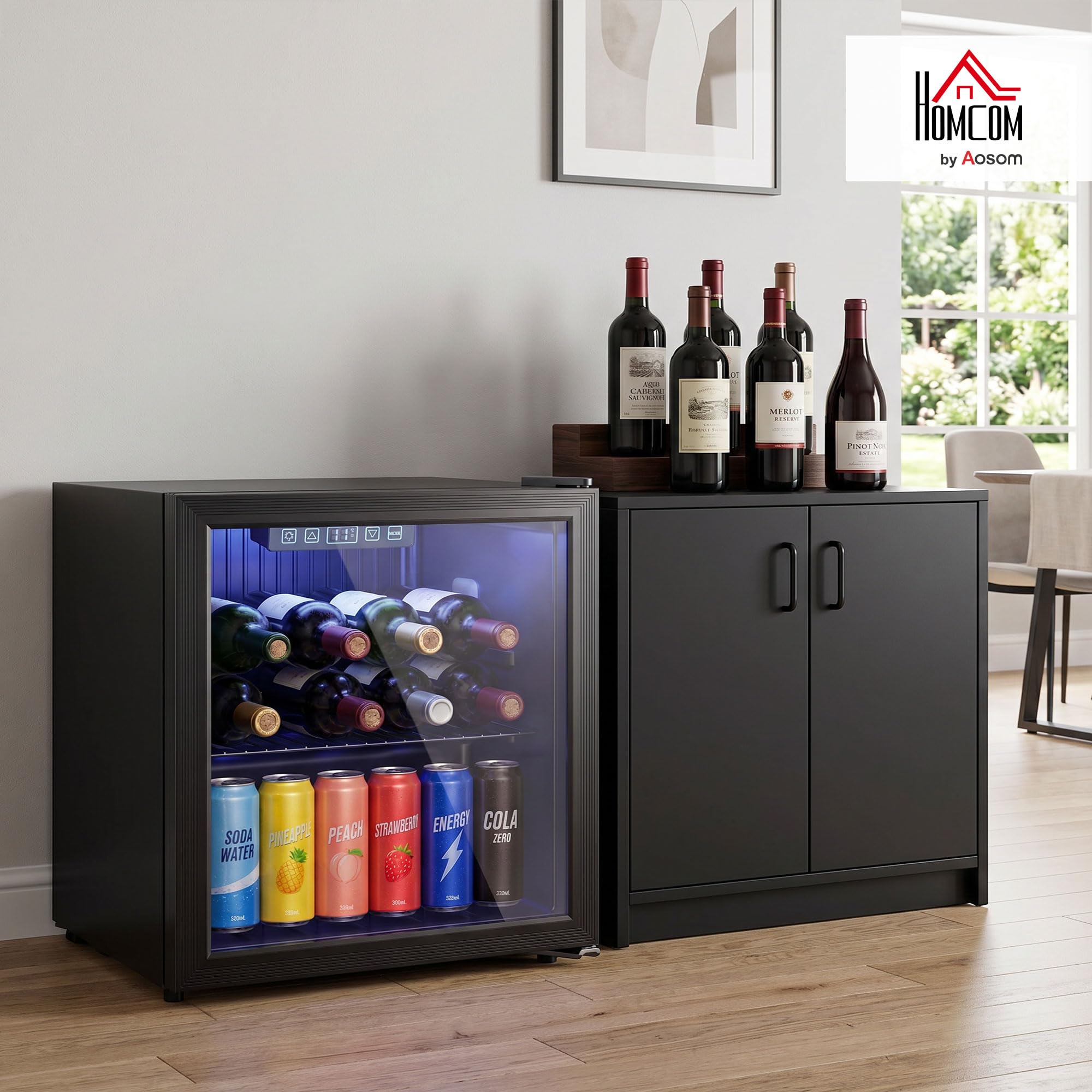 HOMCOM Frigorífico de Bebidas 50 L, Mini Nevera con Puerta de Vidrio Doble, Iluminación LED, Estante Ajustable, 2-18℃, para 48 Latas, Nevera Pequeña para Refrescos, Cerveza y Vino
