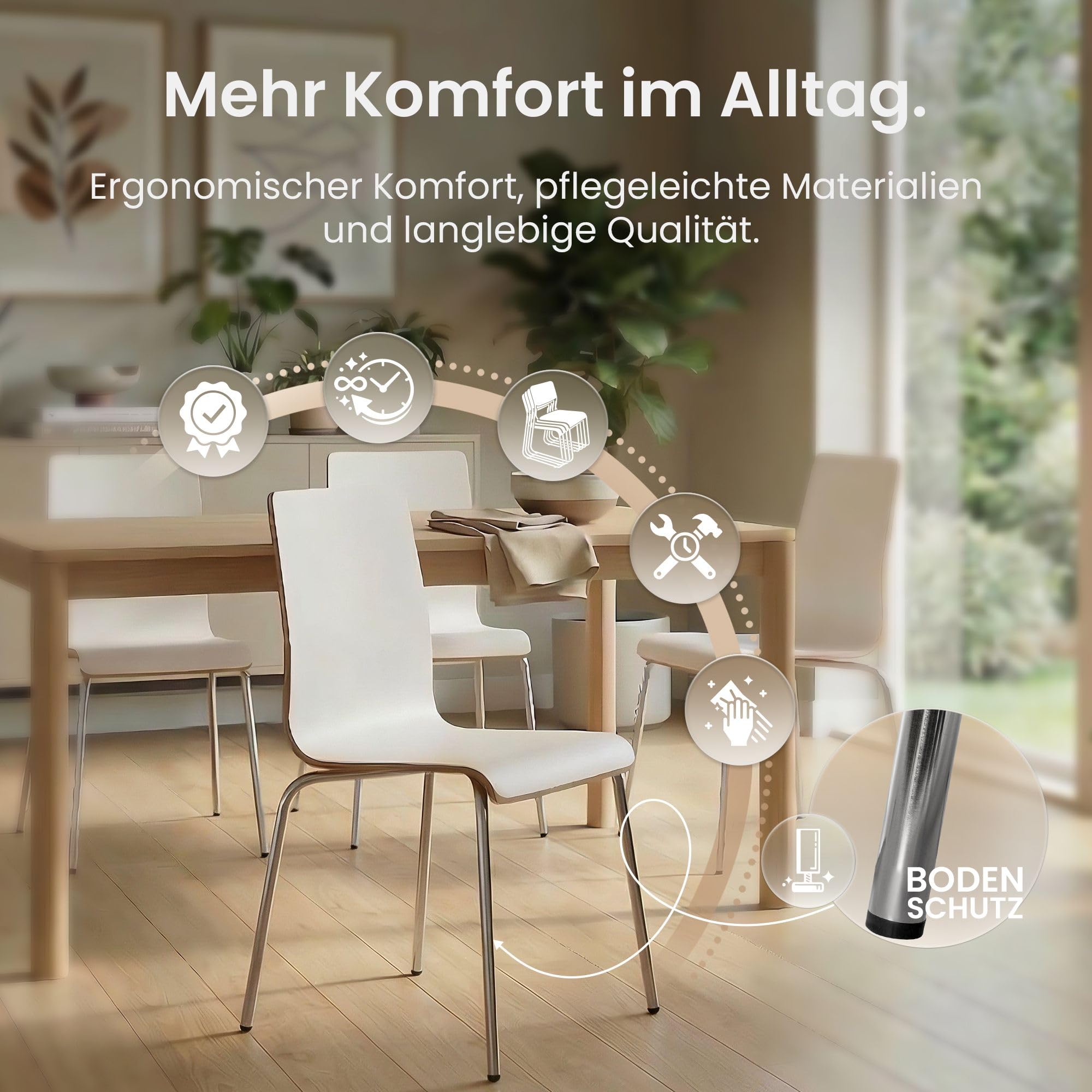 CLP Stuhl 4er Set stapelbar Gahanna, Stapelstühle aus Formholz mit HPL-Laminat, Stahlgestell verchromt belastbar bis 150 kg, Esszimmer und Büro, Farbe:weiß