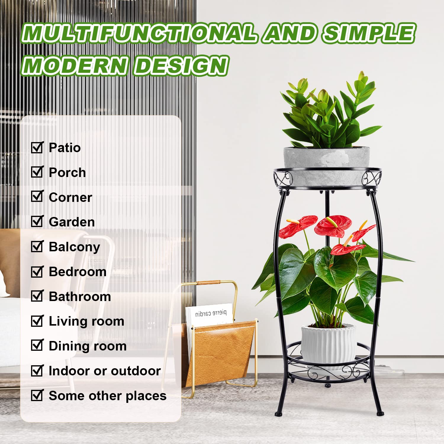 BIEOFFEI 2 Tier Plant Stand Indoor Outdoor, 2 Pack 27 inch Tall Plant Stands, Metal Potted Holder Rack, Multiple Flower Stand for Living Room, Corner, Balcony, Patio, Garden