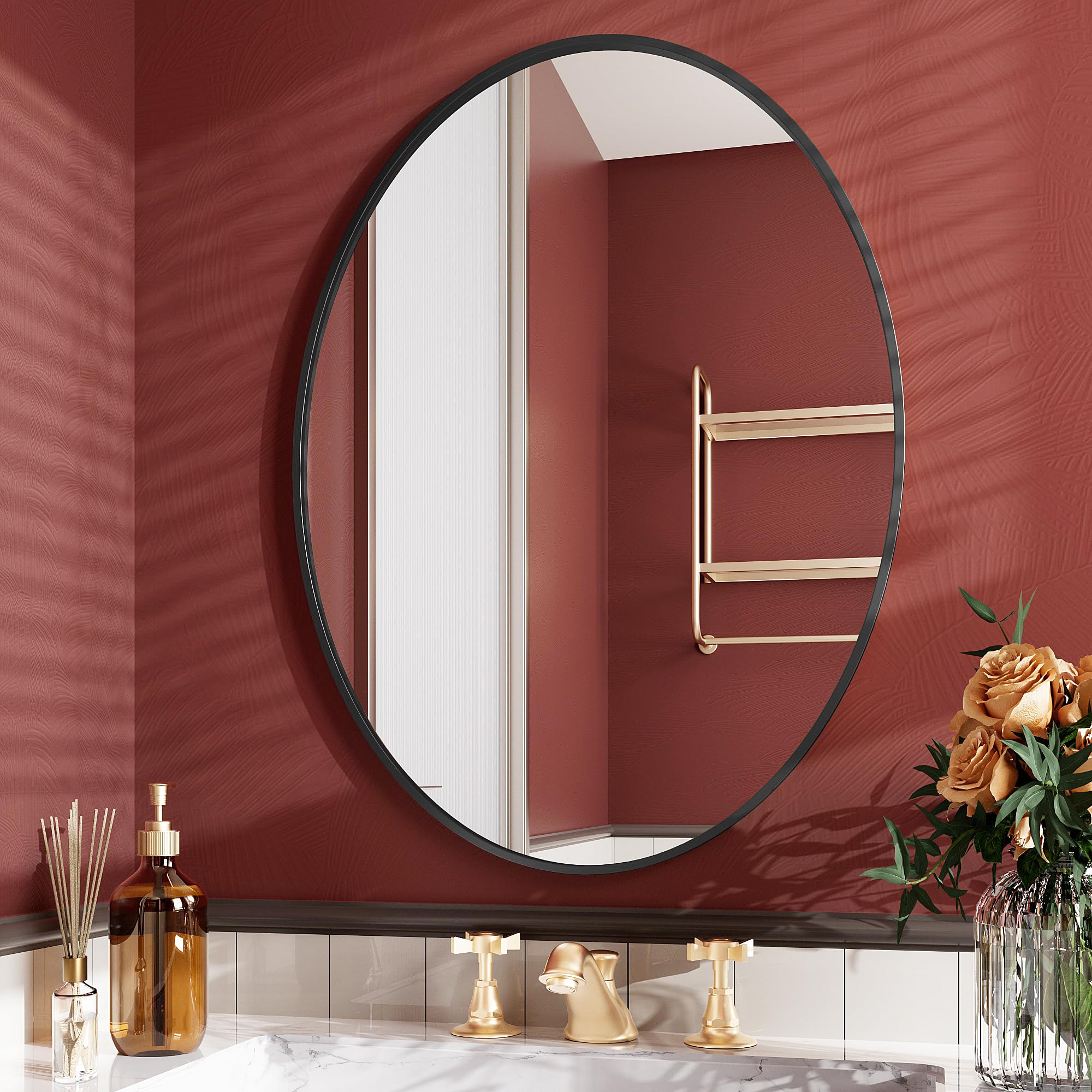 Specchio Ovale Nero Da Parete 50,8x76,2 Cm - Cornice Sottile In Acciaio Inox Per Bagno O Toeletta