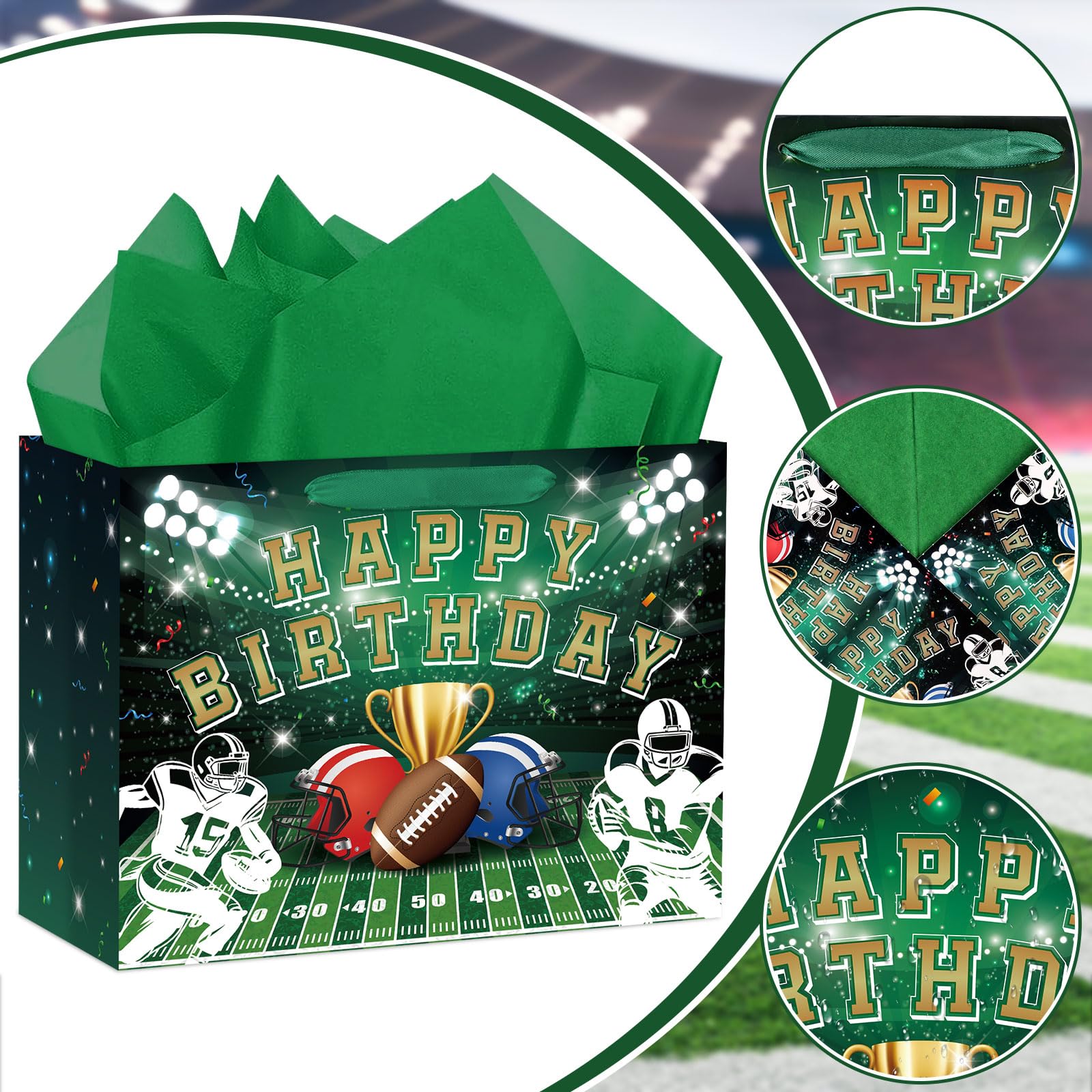 Hooqict Large Football Gift Bag with Handles, Tissue Paper and Greeting Card Football Birthday Party Gift Wrapping Bag for Boys Men Sport Themed Goodie Treat Party Favors