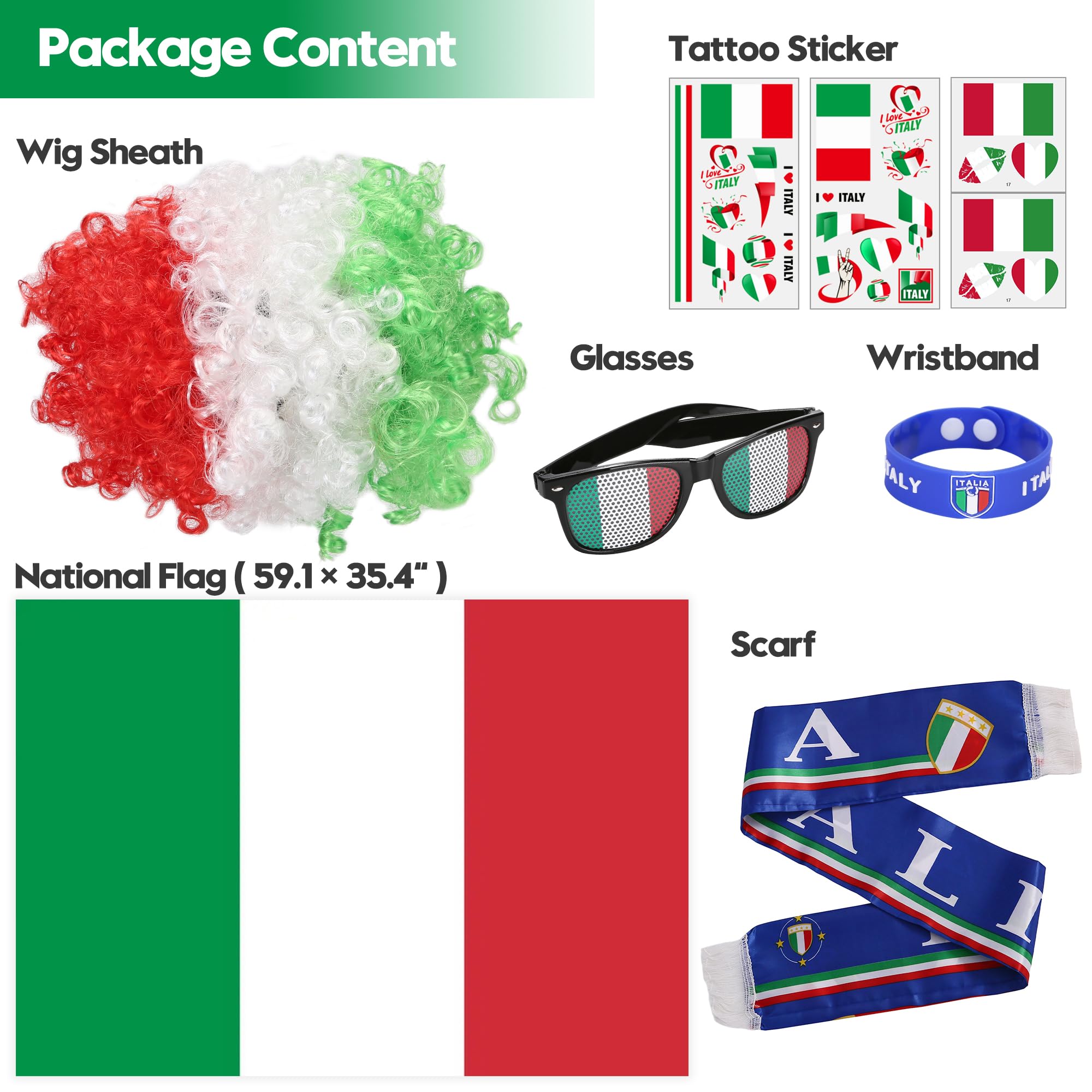 Sea Team Kit per tifosi di calcio, set da 6 pezzi con sciarpa, bandiera, braccialetto, occhiali, parrucca e adesivi, perfetto per il giorno del gioco