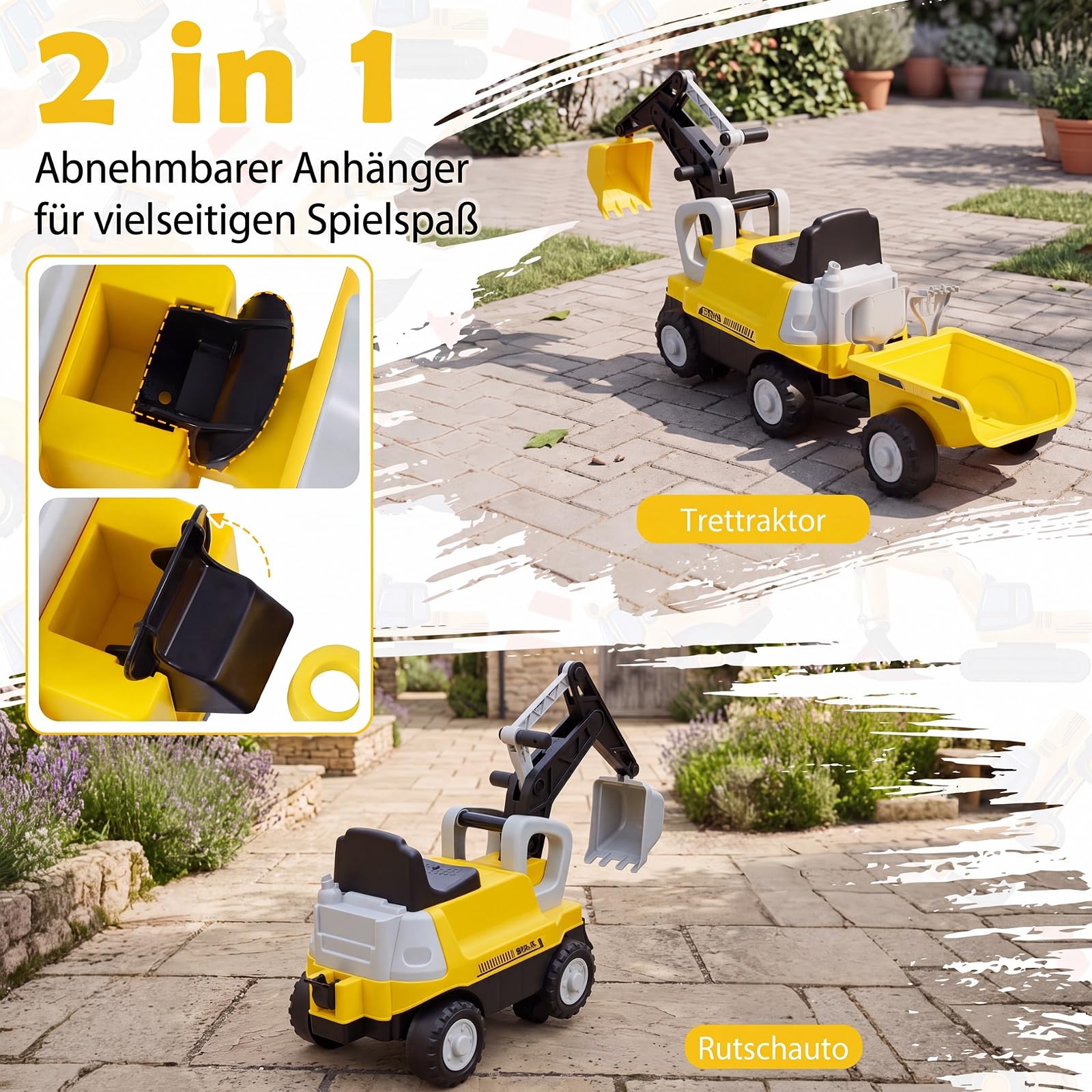 COSTWAY Traktor dziecięcy 2 w 1, koparka dla dzieci, bez silnika