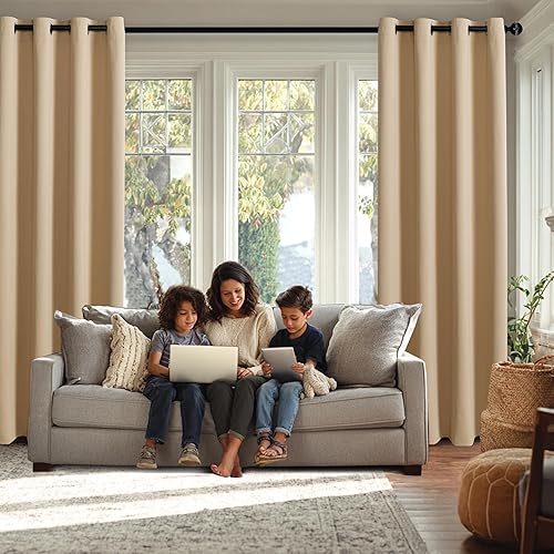Miniatura 3 de JIUZHEN - Cortinas opacas de aislamiento térmico y acústico con alzapaños, de color beige, bloquean la luz del sol y reducen el ruido, paneles de