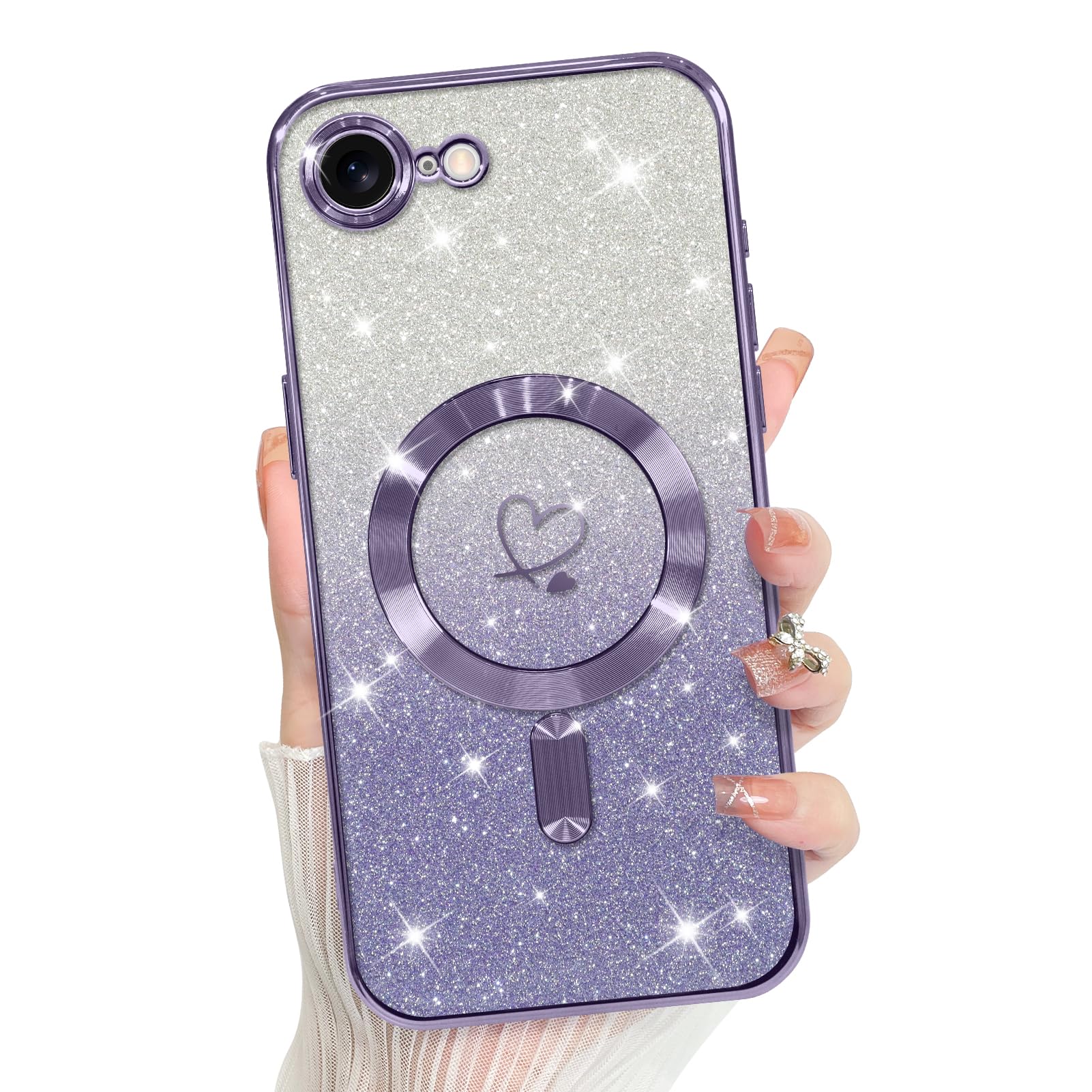 Bonoma Compatible with iPhone 16e Case Support for MagSafe, Plating Heart Glitter Magnetic Case TPU Camera Protection Back Cover for Phone Case -