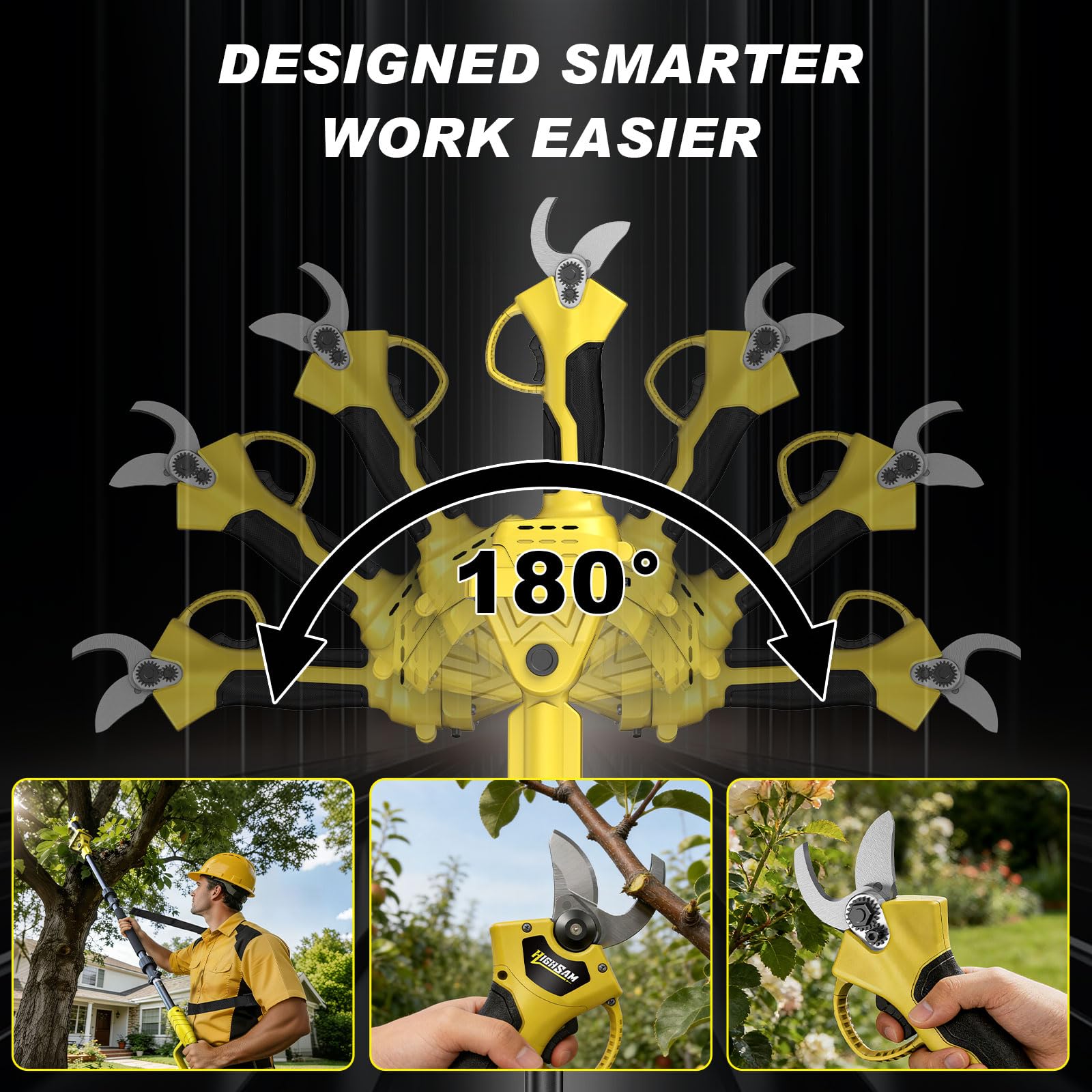 2 in 1 Elektrische Gartenschere, Akku Astschere Teleskopmit 4m Teleskopstange, 1500W Bürstenloser Motor, 2×2.0Ah Akkus, 42MM Schnittdurchmesser, 180° Verstellbar, für Garten & Baumschnitt (Gelb black)