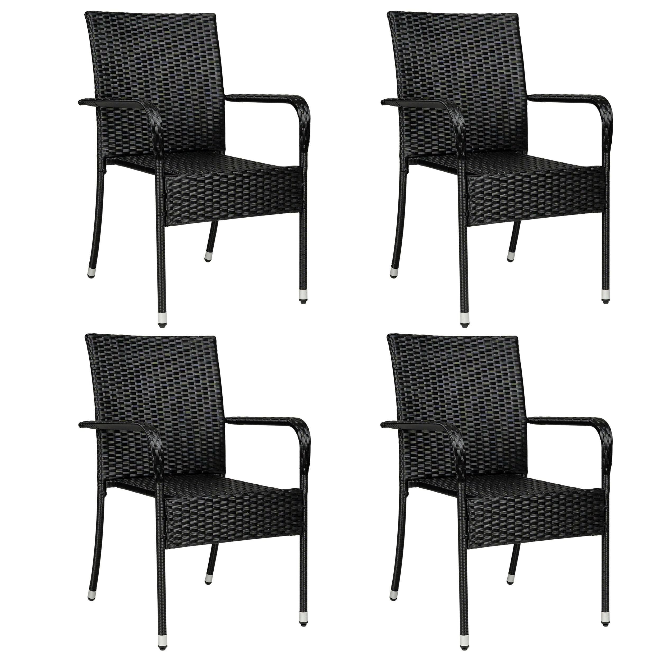Polyrattan Gartenstühle schwarz, stapelbar – 4er Set mit Armlehnen – wetterfeste Rattanstühle für Garten, Balkon und Terrasse – Pflegeleichte Outdoor-Stühle – IND-70194-ST
