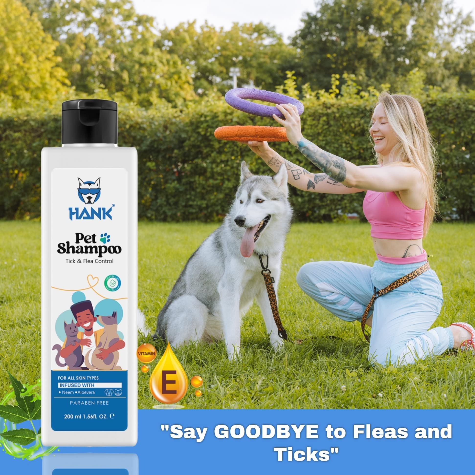 HANK Pets Dog Shampoo with Neem Aloe Vera Vitamin E - Anti Dandruff Tick Flea Control - Itchy Skin Relief - Tick & Flea Control - Deodorizing Pet Grooming Wash - Soft Shiny Coat Care - 200ml 1