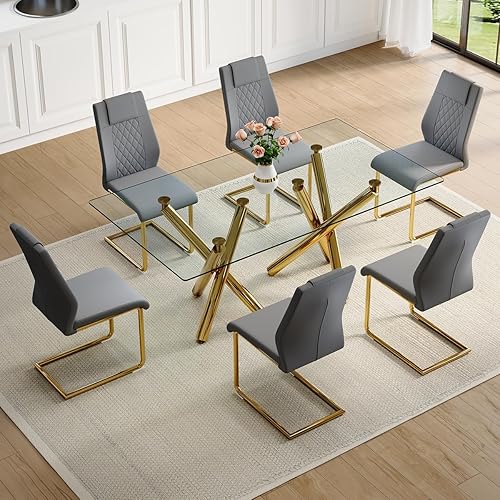 Miniatura 10 de Juego de mesa de comedor de cristal para 6.71 pulgadas, mesa de comedor para 6, mesa rectangular grande de vidrio templado y 6 sillas de piel Mesa