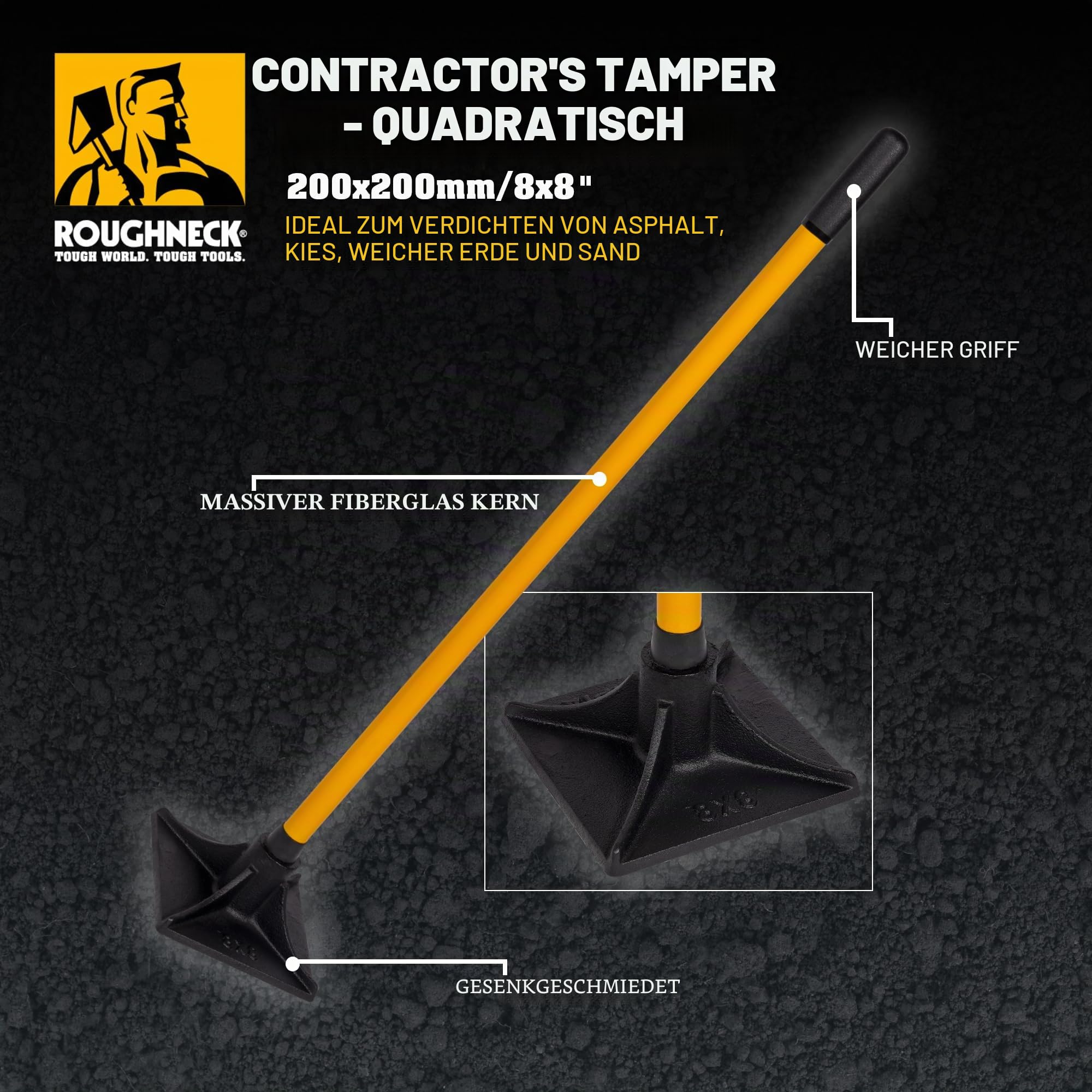 Roughneck Bodenstampfer aus Glasfaser, 20,3 x 20,3 cm, 5,4 kg, Schwarz/Gelb