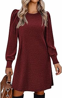 Women's Knit Dress with Puff Sleeves for Fall & Winter - Round Neck Casual Tunic Dress